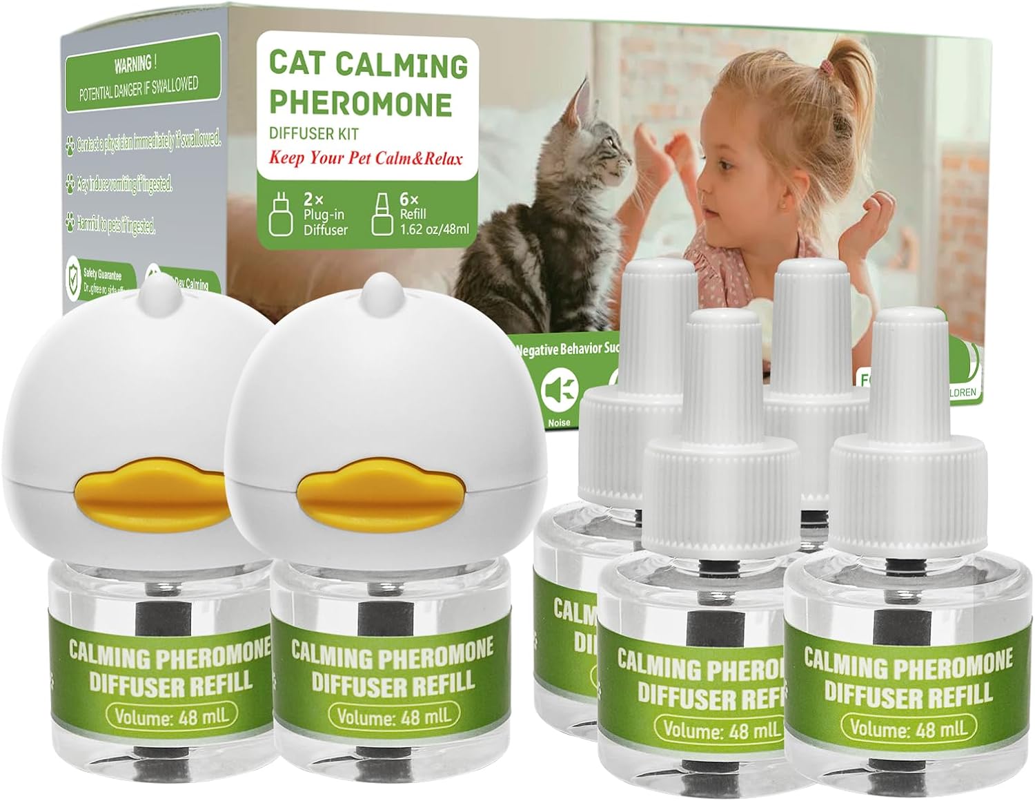 6 Pack Cat Calming Diffuser, Plug in Diffuser Cat Pheromone Calming Diffuser Starter Kit Helps Ruduce Anxious, Anti-Stress & Comforts Cats (2 Diffuser + 6 Refills)