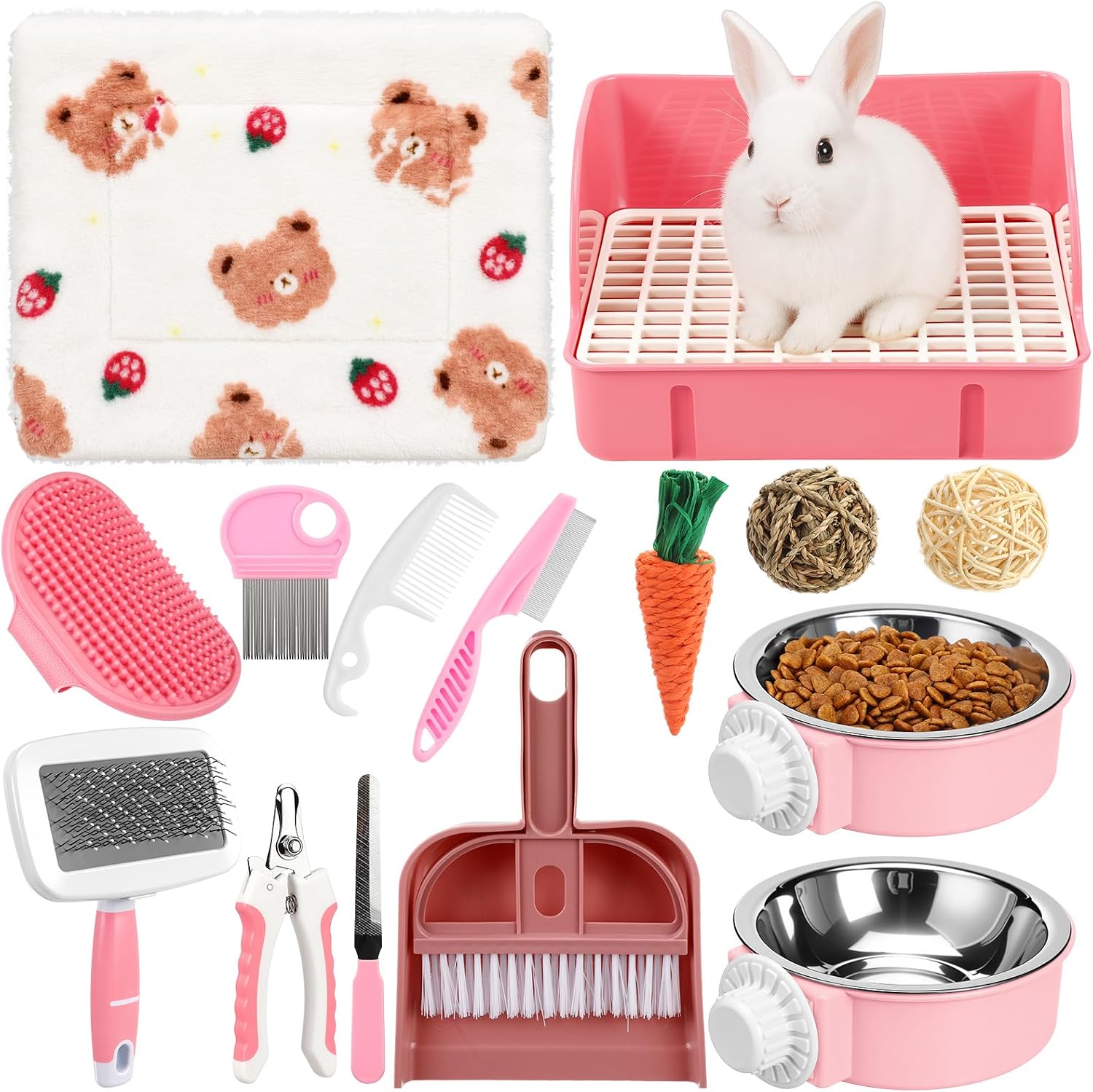 Reallnaive 15 Pcs Rabbit Starter Kit Small Rabbit Litter Box Girls Gift Animal Grooming Kit Bunny Toys Bowl Blankets with Cleaning Set for Guinea Pig Accessories (Bright Pink)