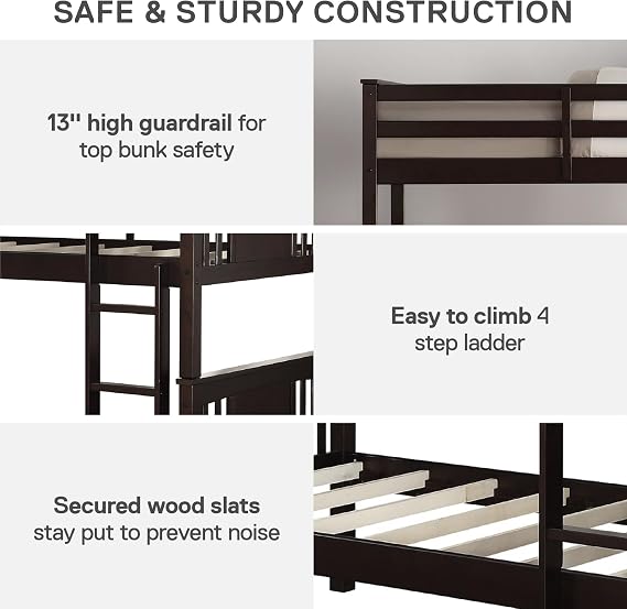 DHP Dylan Convertible Wood Bunk Bed, Stackable and Detachable Bed Frames for Kids and Teens, with Ladder, High Guardrail, Wood Slats, No Boxspring Required, Twin-Over-Twin, Espresso