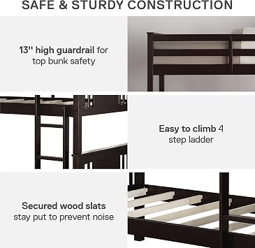 DHP Dylan Convertible Wood Bunk Bed, Stackable and Detachable Bed Frames for Kids and Teens, with Ladder, High Guardrail, Wood Slats, No Boxspring Required, Twin-Over-Twin, Espresso