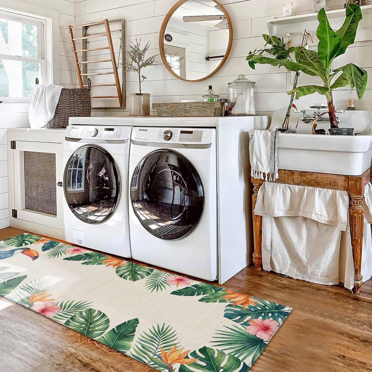 Kitchen Mats for Floor Summer Blossom Flower Leaf Washable Non Slip Kitchen Rugs 2PCS, Tropical Monstera on Retro Linen Absorbent Standing Mats for Sink Office Living Room 15.7x23.6in+15.7x47.2in