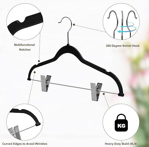 Miniatura 5 de Paquete de 80 perchas de plástico de calidad negra no aterciopeladas, no flocadas, compactas con clips de metal para faldas, pantalones, blusas,