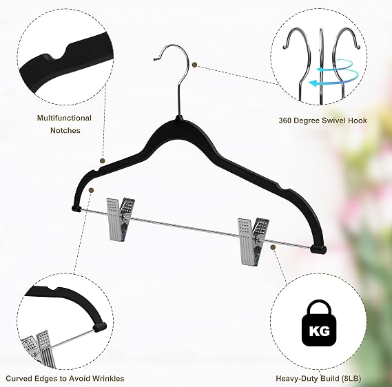 Quality Plastic 20-Pack - Non Velvet Non-Flocked Thin Compact Coat Hangers with Metal Clips for Skirts Pants Blouses - 360 Swivel Hook (Black, 20)