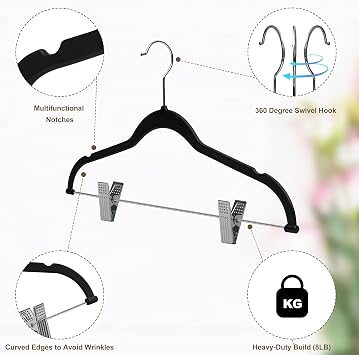Quality Plastic 20-Pack - Non Velvet Non-Flocked Thin Compact Coat Hangers with Metal Clips for Skirts Pants Blouses - 360 Swivel Hook (Black, 20)