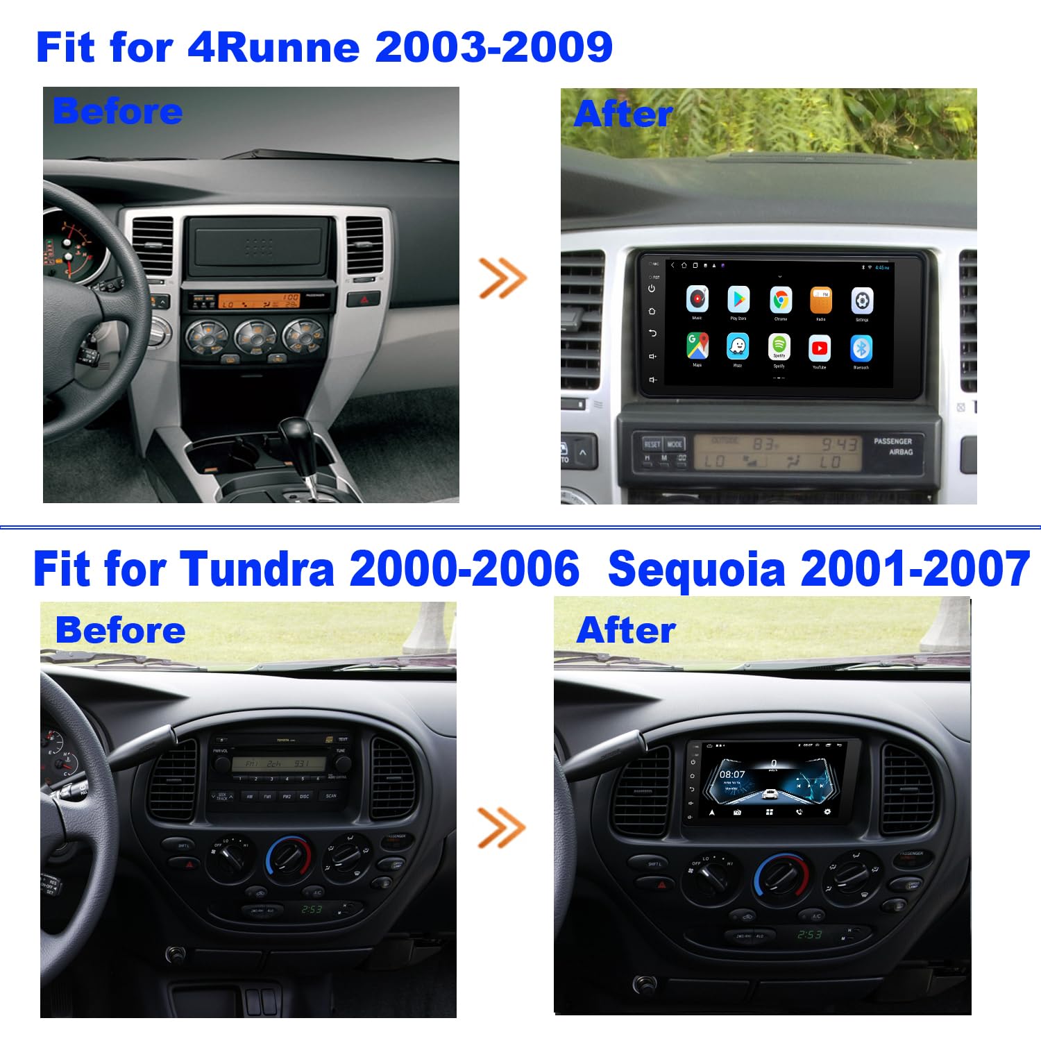 for Toyota Radio Upgrade 4Runner 2003-2009 Tundra 2003-2006 Sequoia 2003-2007 Android Stereo Replacement IPS Touch Screen Steering Wheel Control Build in Wireless carplay Android Auto Free Camera