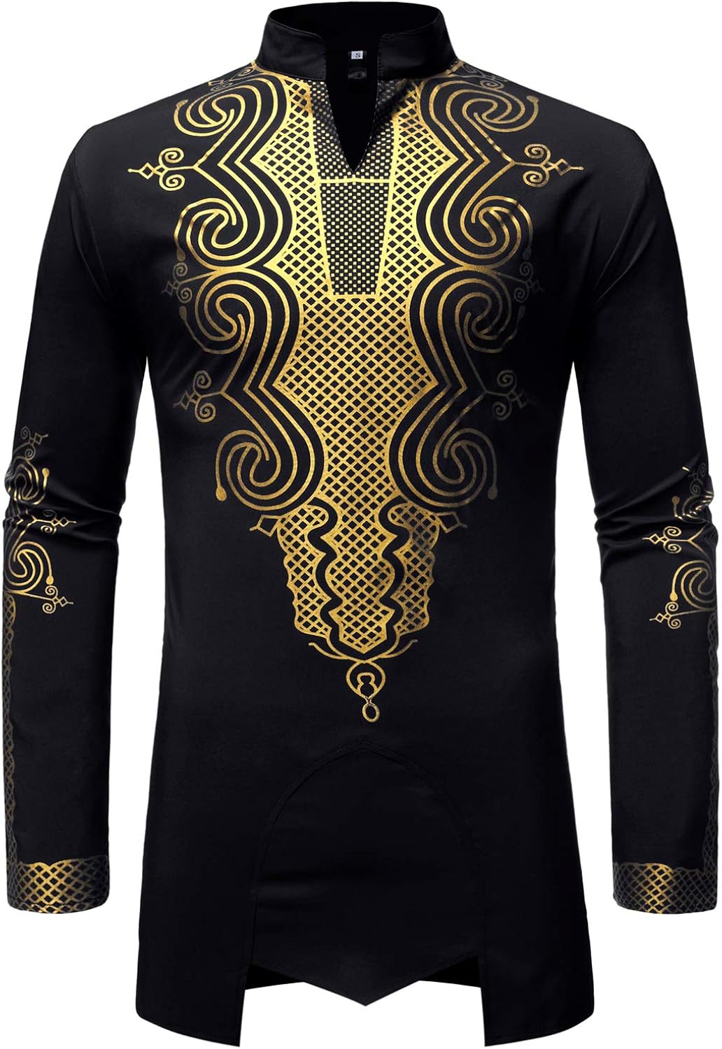 LucMatton Men's Traditional African Dashiki Luxury Metallic Gold Printed Shirt