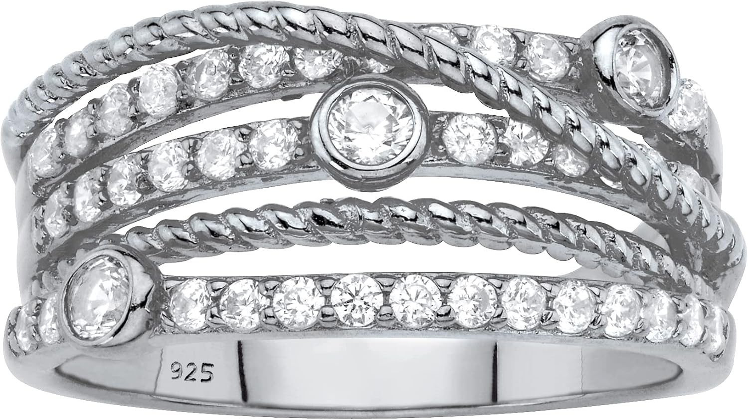 PalmBeach Jewelry Yellow Gold-Plated or Sterling Silver Round Cubic Zirconia Multi Band Highway Ring Size 6
