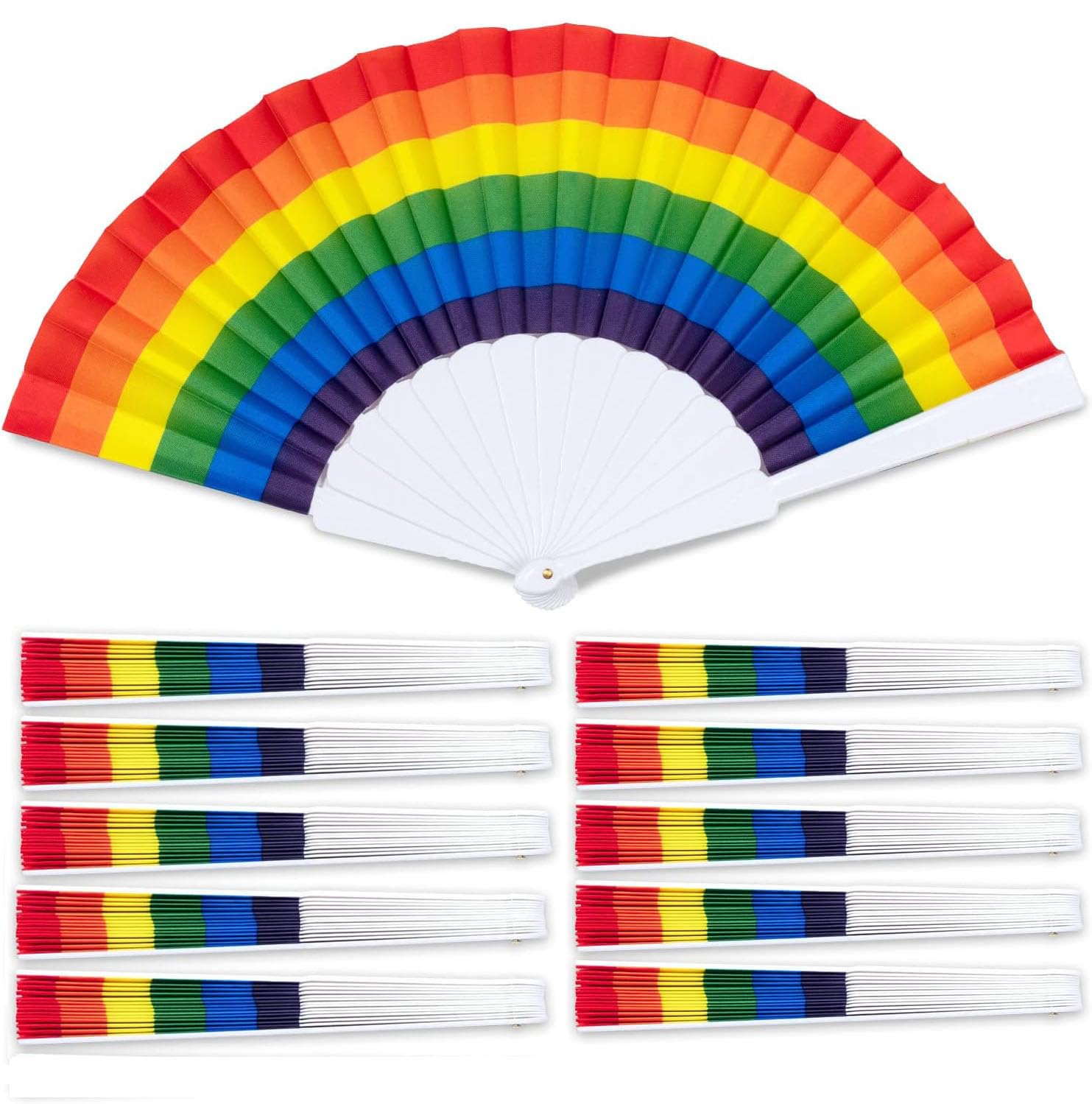 BSTMOME 10 Pieces Rainbow Folding Fans Colorful LGBTQ Hand Held Fan Summer Accessory Dancing Props Church Wedding Gift Party Favors for Rainbow Party Decoration (Horizontal Stripes)
