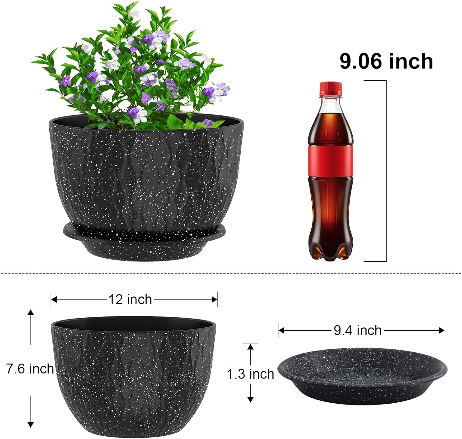 12 inch Large Plant Pots, Flower Pots with Multi-Mesh Drainage Holes and Saucer, Plastic Planters for Indoor and Outdoor Garden Plants (Speckled Black, 12")