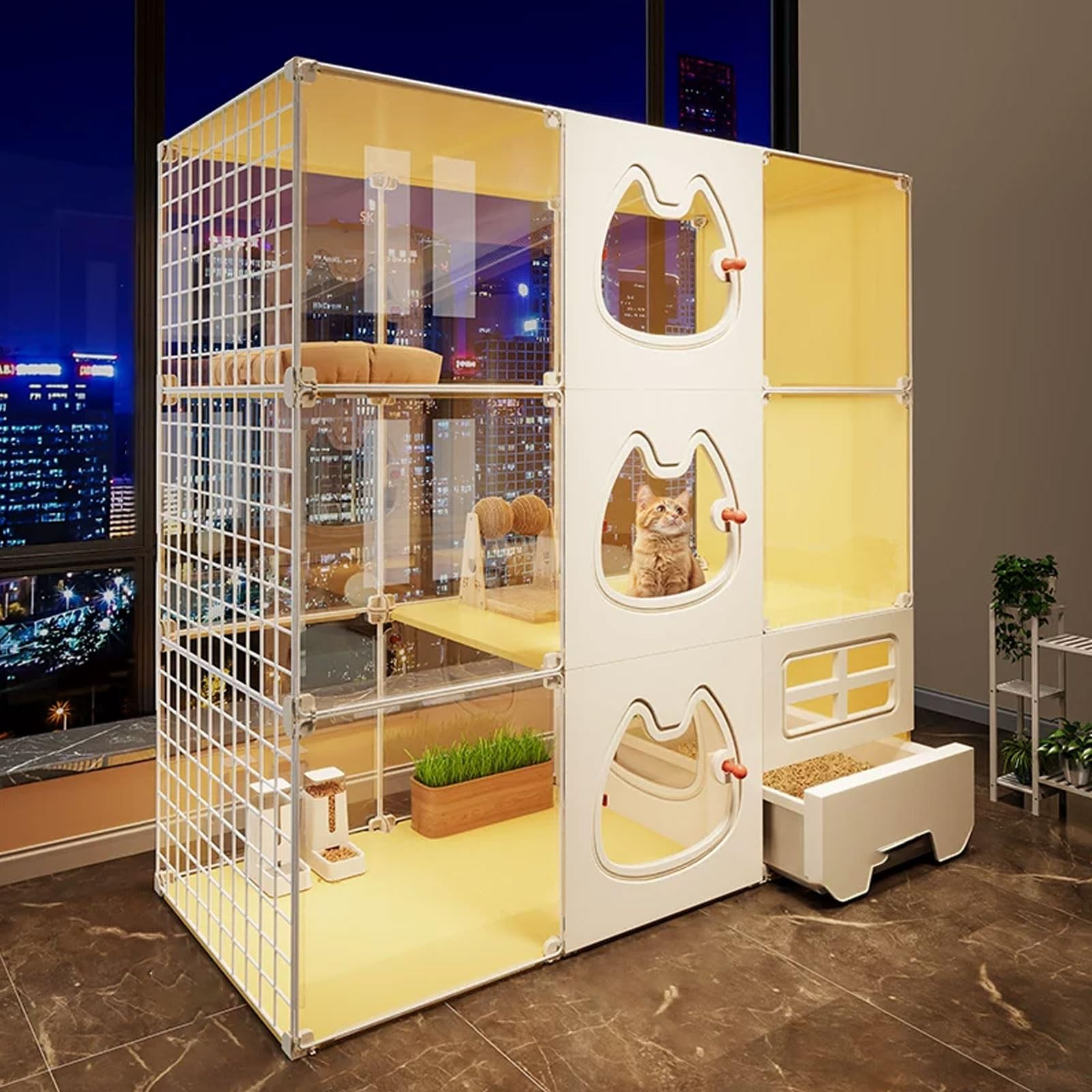 Cat Enclosure Playpen for Indoor Cats, Drawer-style Litter Box, Durable PP and Iron Materials, Safe Shelter for 1-2 Cats (71 x 46 x 106 cm)