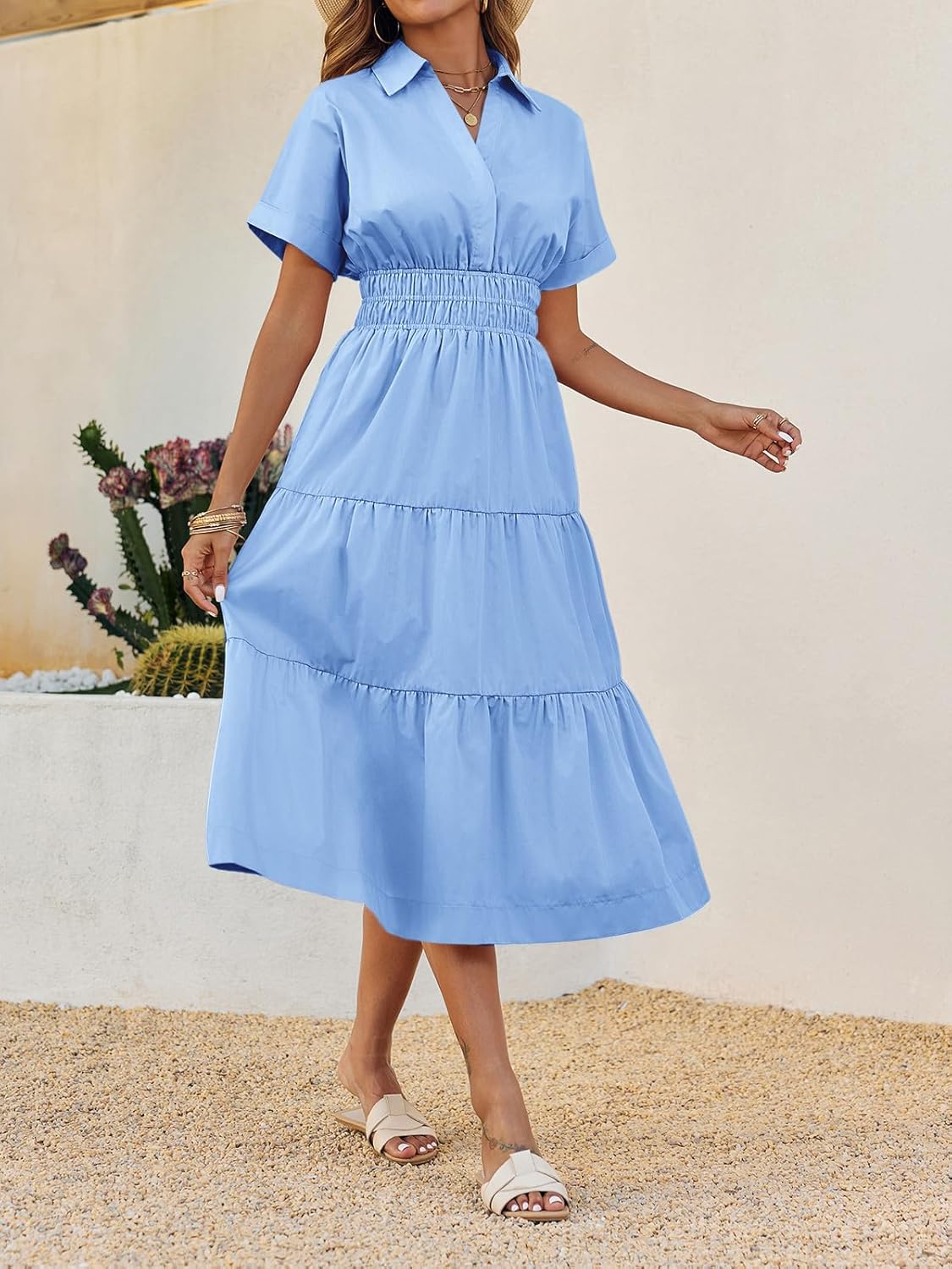 Wenrine Womens Summer Short Sleeve Maxi Dresses Casual V Neck Smocked Loose Tiered Flowy Shirt Dress with Pockets - Image 3