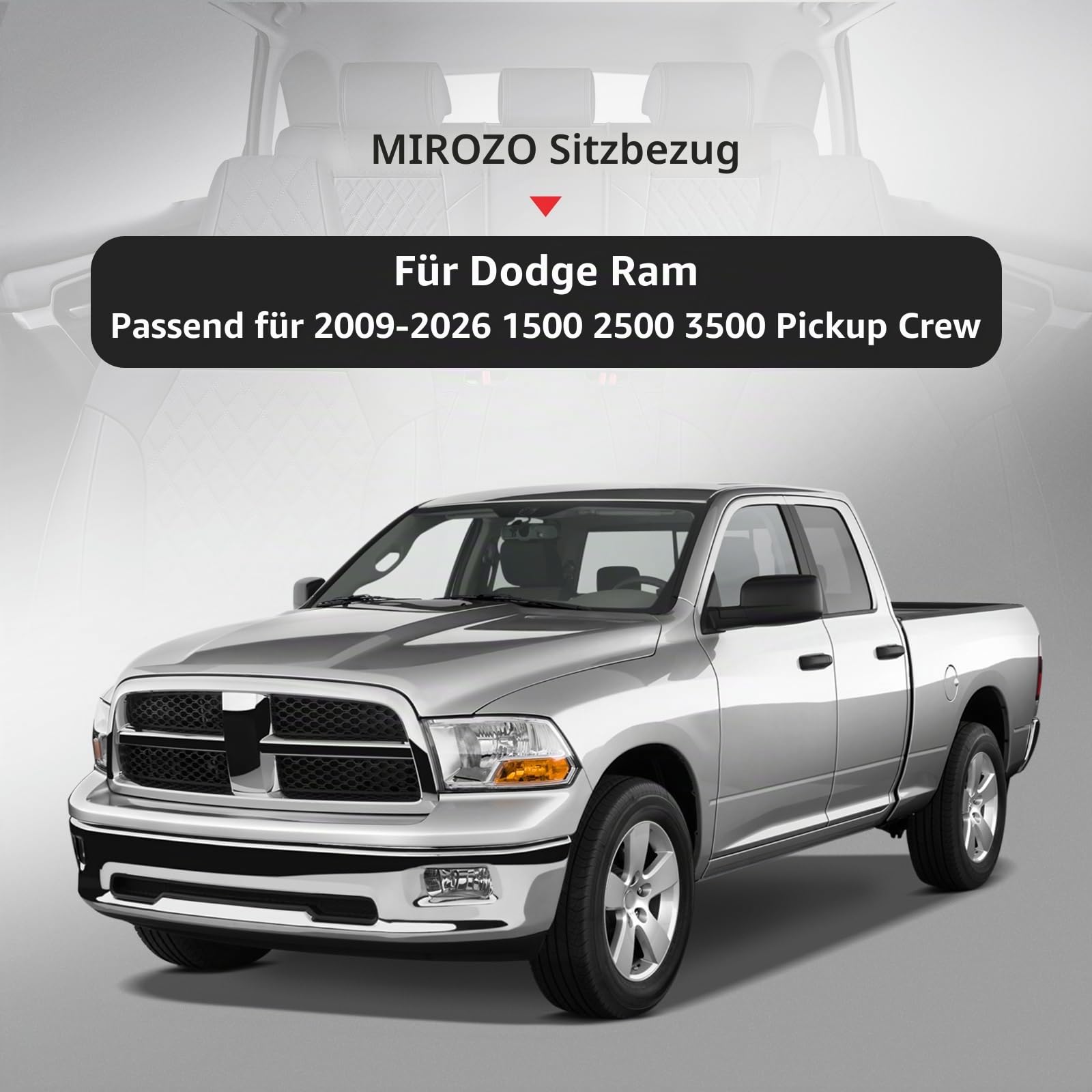 MIROZO Dodge Ram Sitzbezüge, komplettes Set, 5 Stück, Autositzbezug, wasserdicht, Kunstleder, passend für 2009–2023 1500, Normale Tonabnehmerkissen, kompatibel mit geteilten Bänken 0/60 cm Schwarz