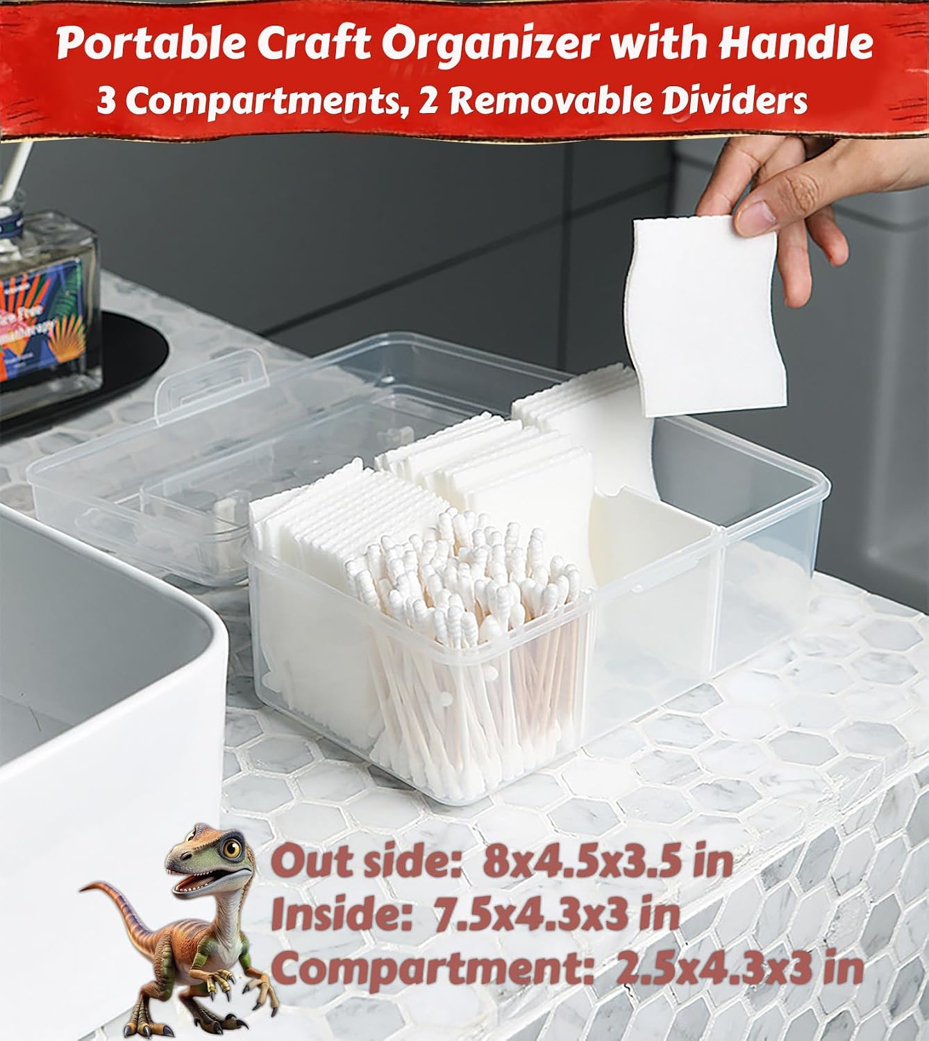 Plastic Divided Storage Box with Handle | Portable Mask Dispenser Container | Clear Plastic Storage Case for Cosmetics Arts Crafts Medicine Office Supplies | Dividing Storage Sewing Box 8x5x3.2 In