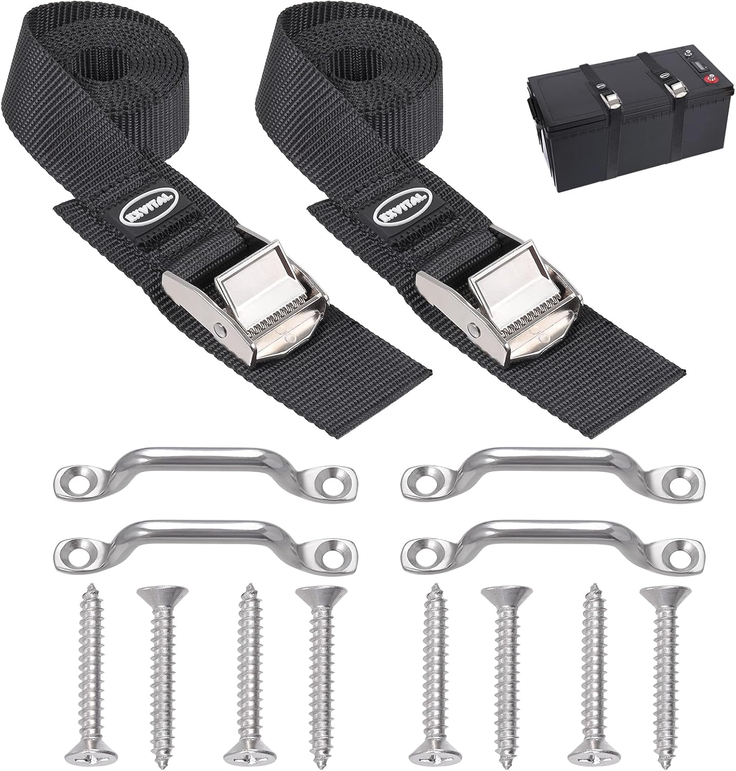 Battery Tie Down Strap Hold Down Kit, 1″ x 48″ Cooler Tie Down Kit with Non-rusting Cam Buckle, Stainless Steel Bracket & SS Screws for RV Battery,luggage belt (2 Pack)