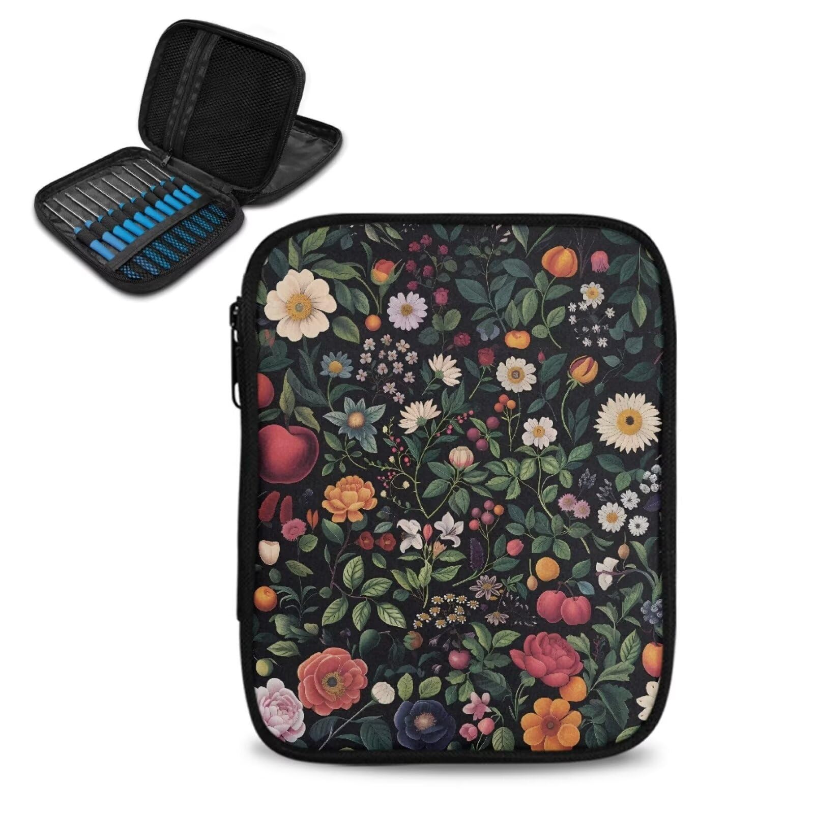 YUVAMAGIMO Floral Pattern Crochet Hook Case Travel Storage Bag for Various Crochet Needles and Accessories Zipper Crochet Storage Bag Organizer with Mesh Pock Easy to Carry Bag Only