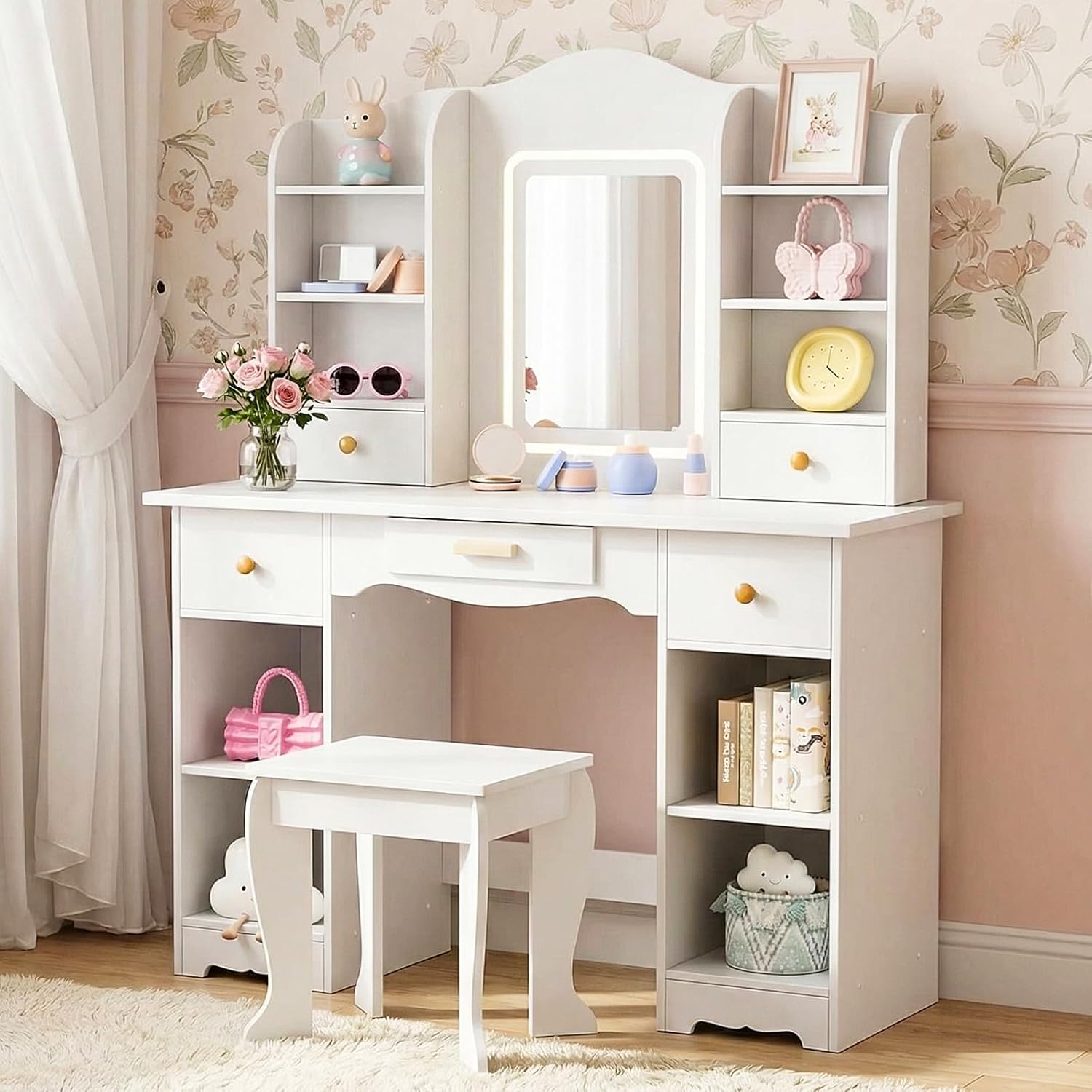 Arlopu Kids Vanity with 3-Color Lights, Girls Vanity Set w/Large Storage, Mirror ＆ Stool, 2 in 1 Princess Wooden Pretend Play Makeup Desk, Dressing Table and Chair, Open Shelves, Drawer (White)