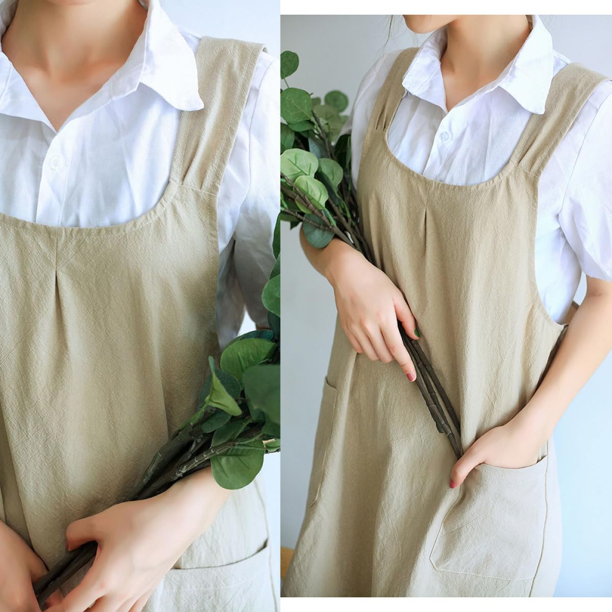 Delantal de Cocina sin Mangas, Resistente Manchas, de Algodón Color Caqui, para Cocina y Cafeterías, Mantiene la Ropa Limpia