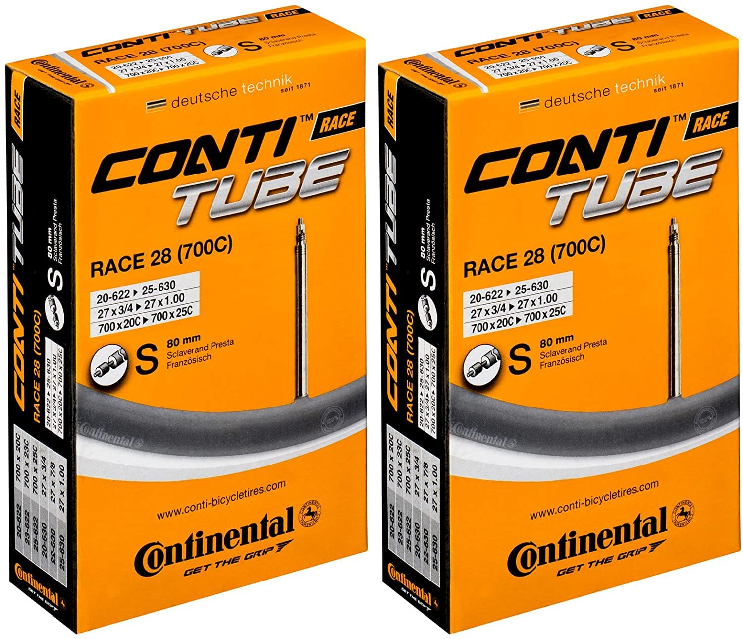 Continental Race 28 700 x 20-25c Road Bike Inner Tubes - 80mm Presta Valve (Pair) - with FREE Ano Adapters