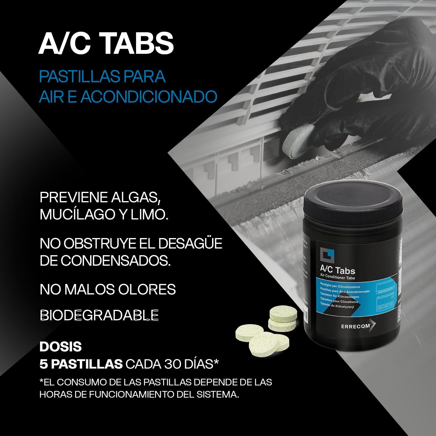 Errecom Kit Limpieza Y Desinfección A/C, Clima-Bact Detergente Desinfectante Biocida Registrado 1 L + Wally Funda Protección Split + A/C Tabs 40 Pastillas De Acción Prolongada