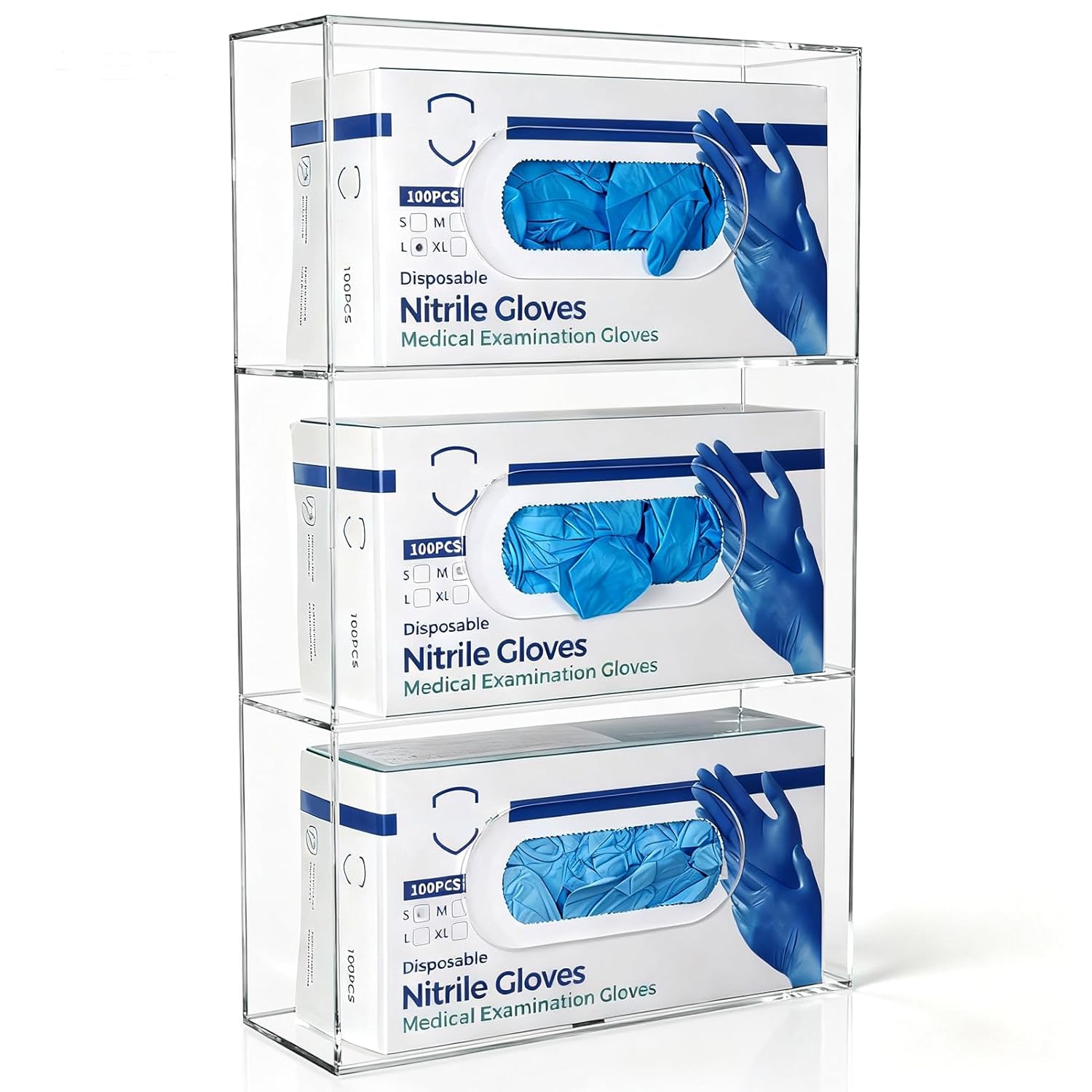 Triple Glove Box Holder Wall Mount, 3 Compartments Clear Acrylic Rubber Nitrile Gloves Dispenser for Lab, Hospital, Kitchen - Side-Loading - Mounting Hardware Included -10 x 3.5 x 16.4 IN