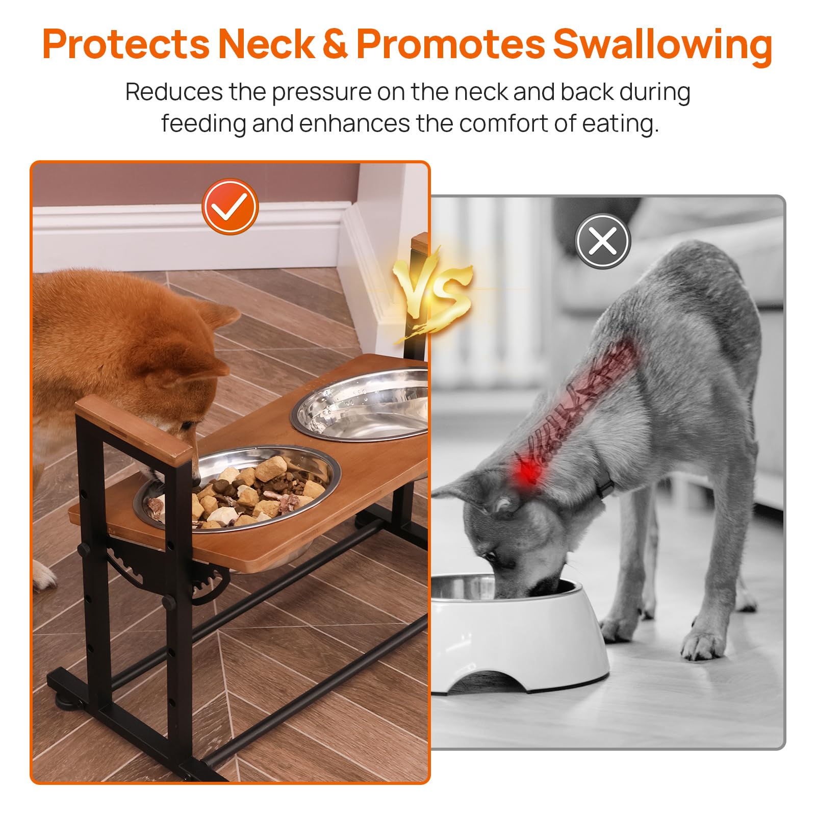 Soporte de comedero para Mascotas de Altura Ajustable con 2 Cuencos de Acero Inoxidable, Parte Superior de Madera y Marco de Metal Negro para Perros/Gatos, estación elevada de Alimentos/Agua (marrón