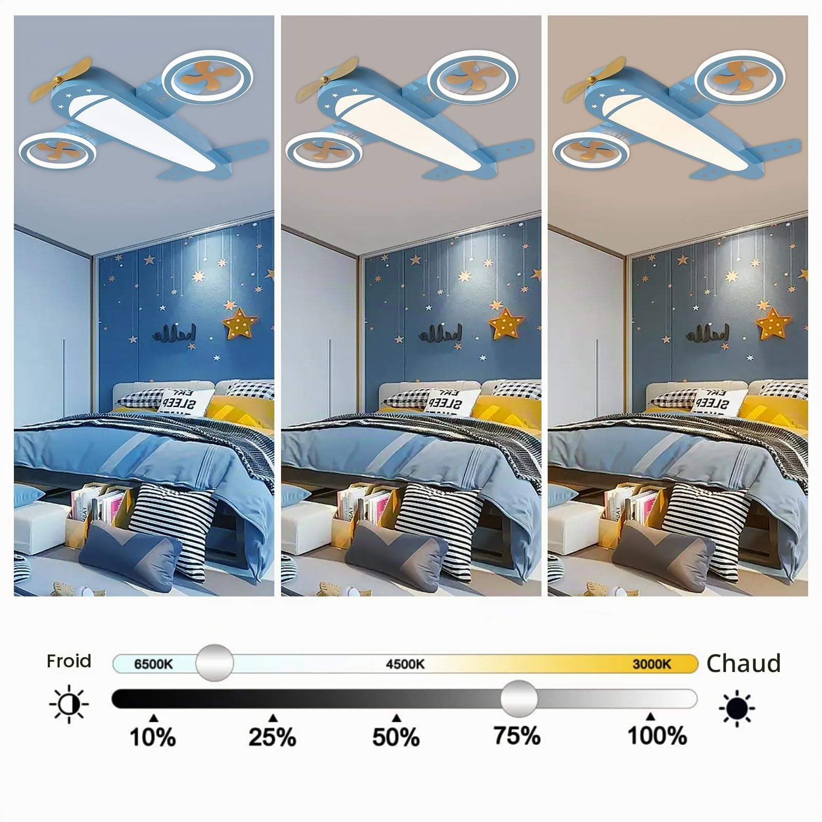 Plafonnier LED mignon et élégant avec motif d'avion - Température de couleur réglable avec une télécommande - Éclairage de plafond pour chambre d'enfant - Pour chambre d'enfant - Pour chambre d'enfant