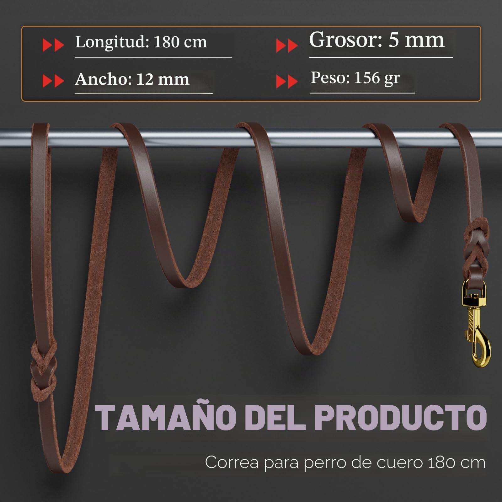 Correa Perro Cuero para Cachorro Pequeño, Mediano y Grande - con Enganche de Metal Robusto y Asa Suave - Cómoda de sostener - Adecuado para Adiestramiento, Correr y Senderismo, 180cm