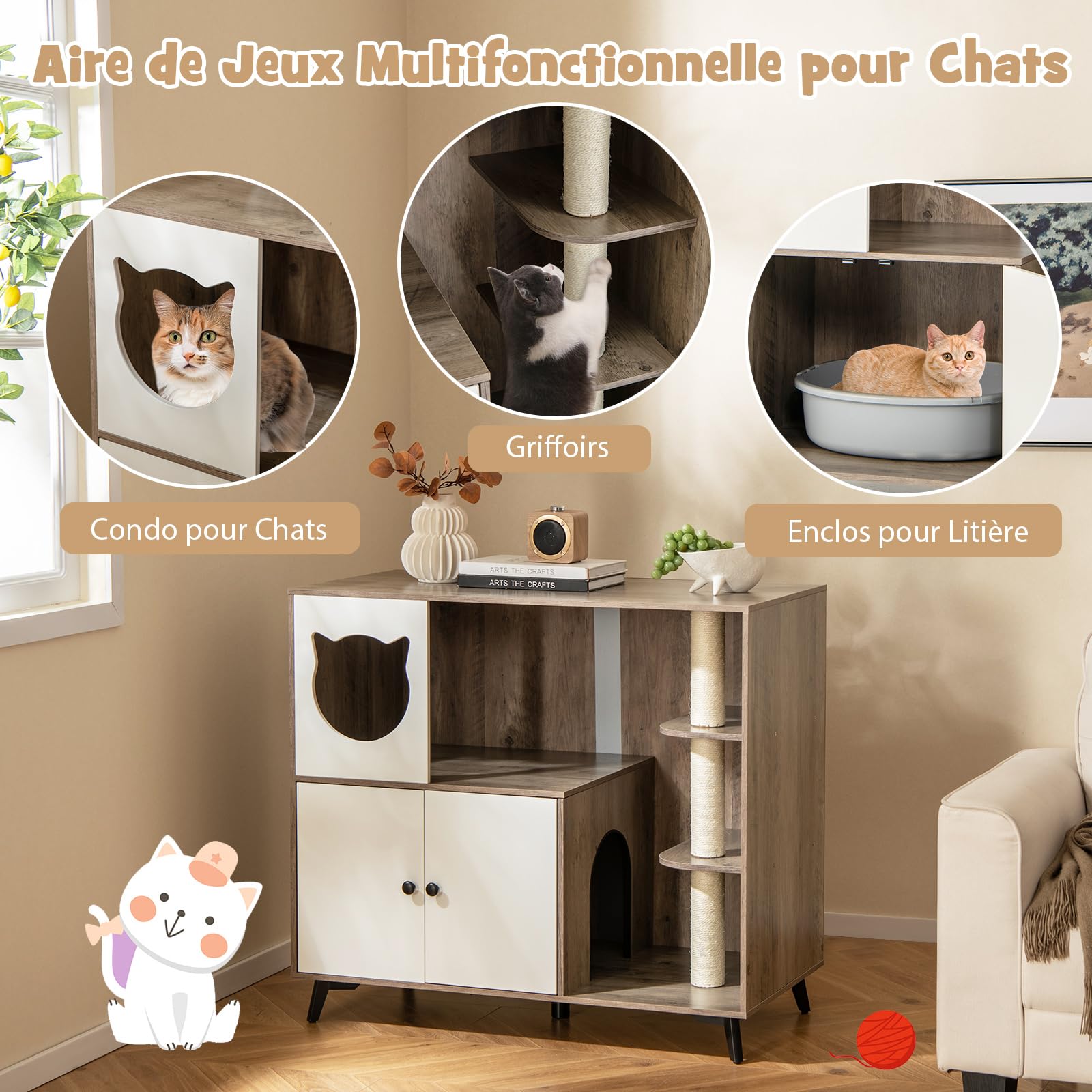 GYMAX Meuble Cache-Bac à Litière pour Chat, 3 Griffoirs à Gratter, Plateformes de Sauts, Condo pour Chat, Maison pour Chats d'Intérieur 2 Niveaux