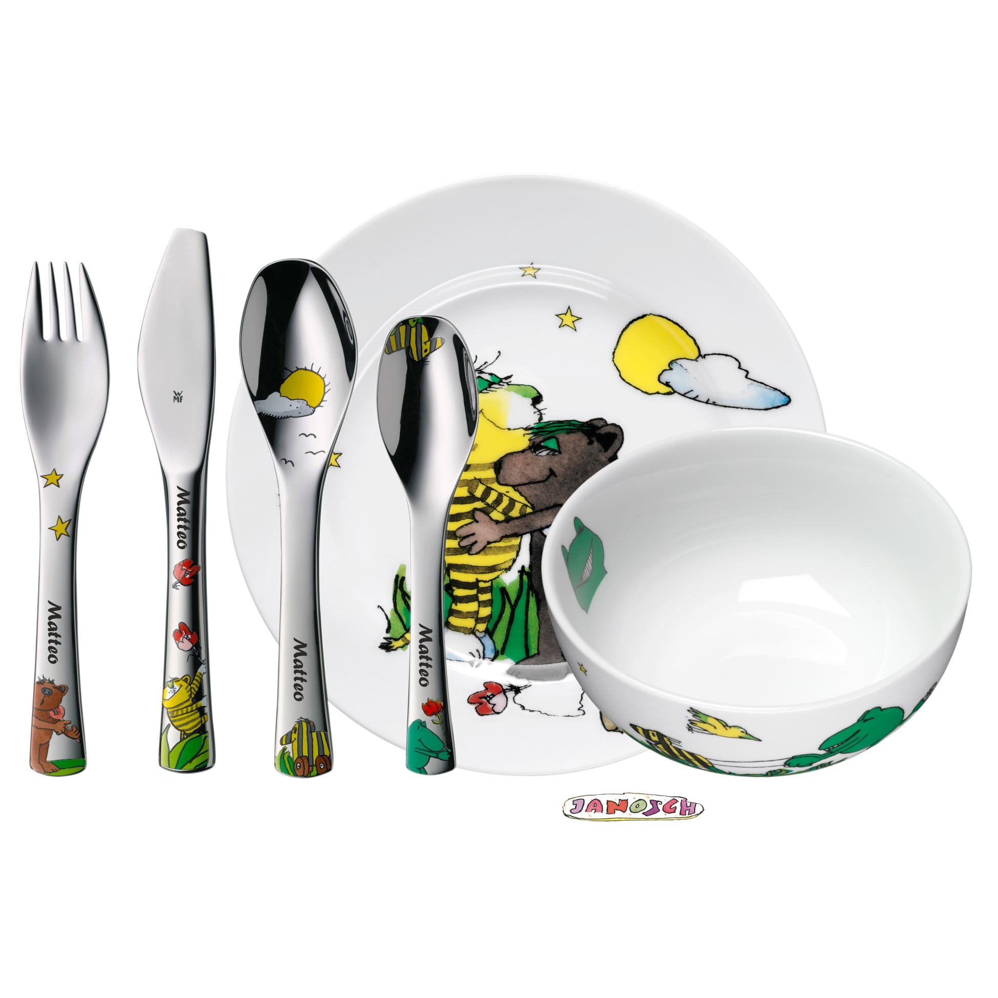 WMF Kindergeschirr Set Janosch Kindergeschirr Set 6-teilig mit Gravur – mit Namen – Porzellan Teller & Müsli-Schale mit Kinderbesteck – Kinder-Geschirrset für selbstständiges Essen ab 3 Jahren