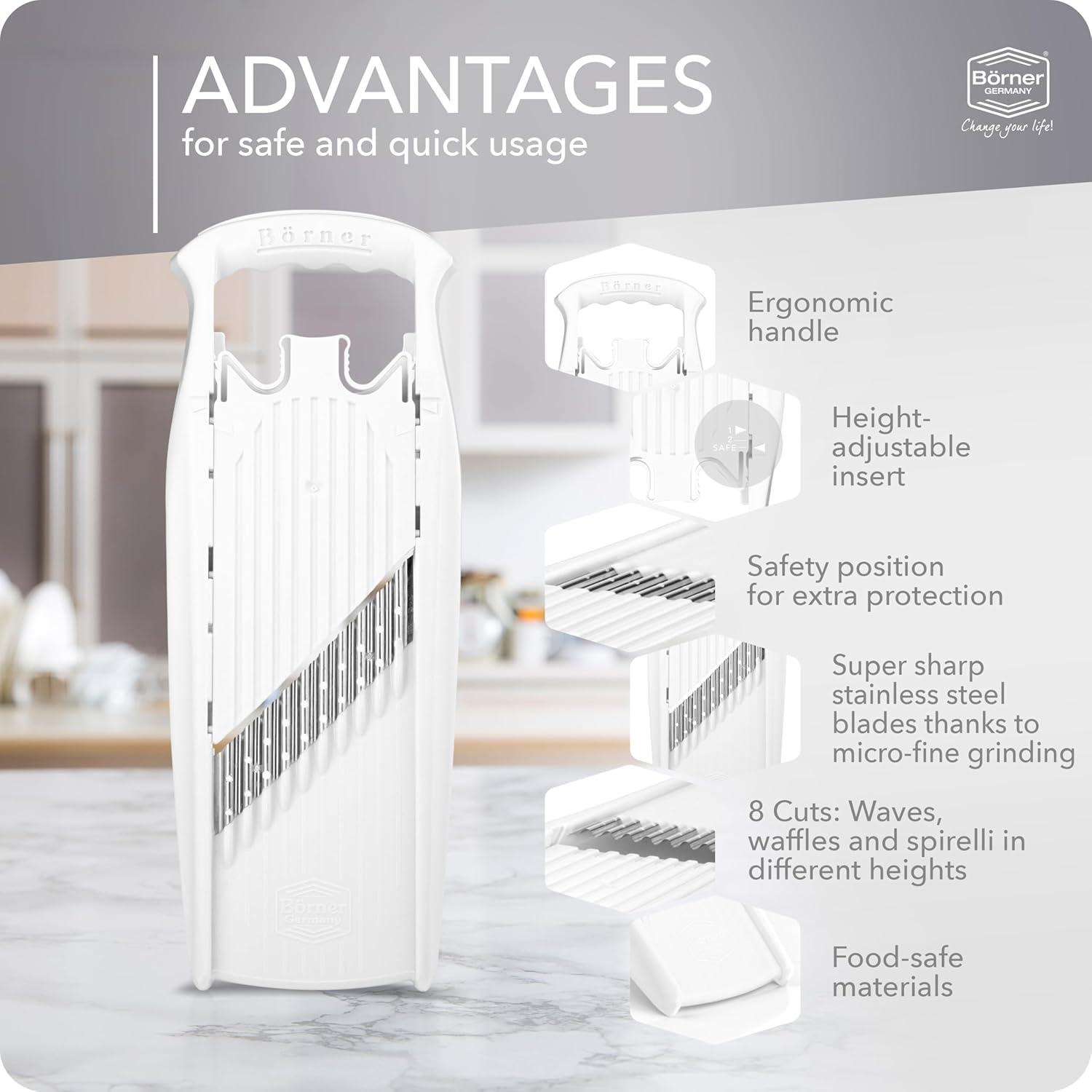 BORNER Wave waffle PowerLine | Vegetable Grater Börner - Quality Made in Germany, Color:White