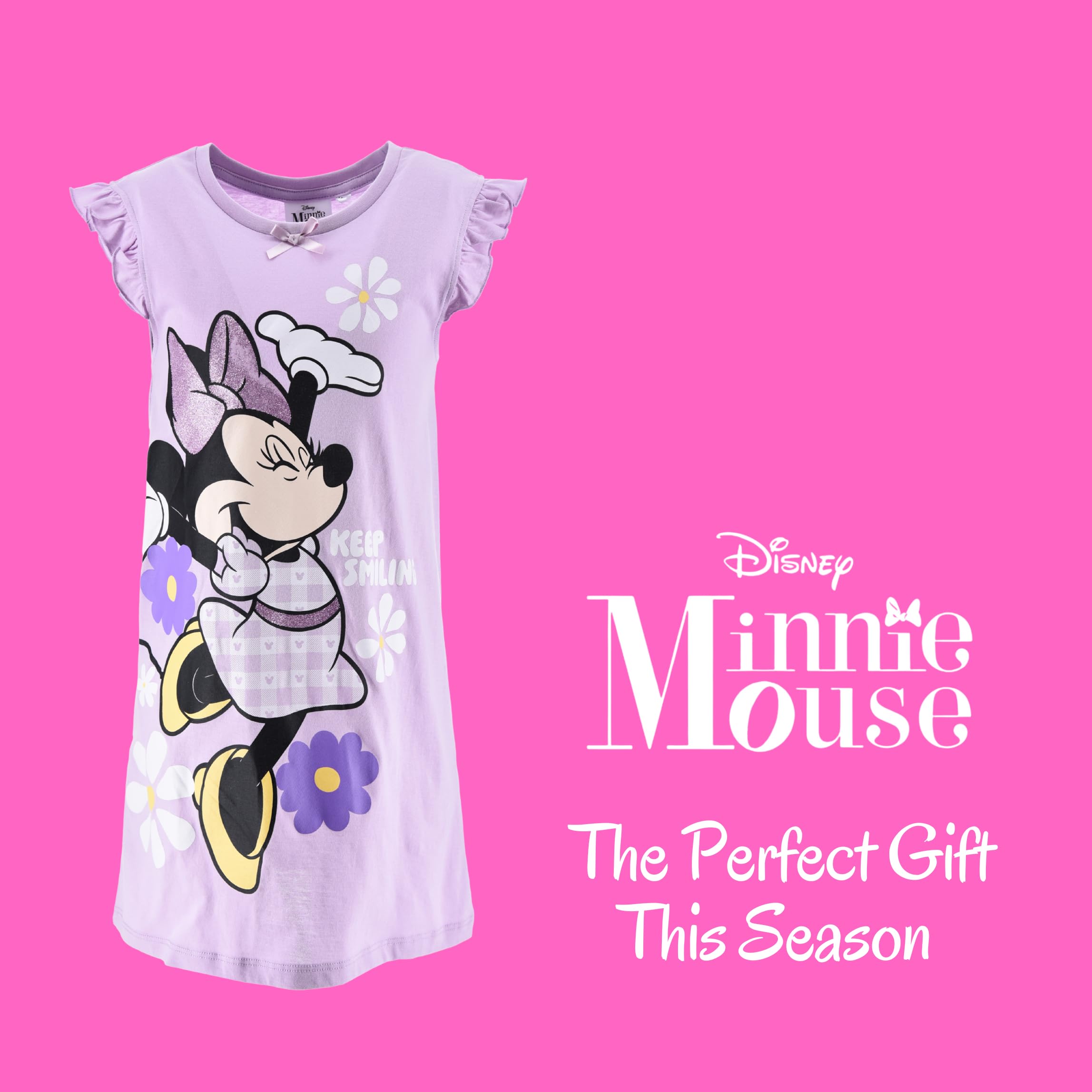 Disney Minnie Mouse Camison Algodon Suave Gingham Vestido Manga Corta para Niña Tallas 3-8 Años