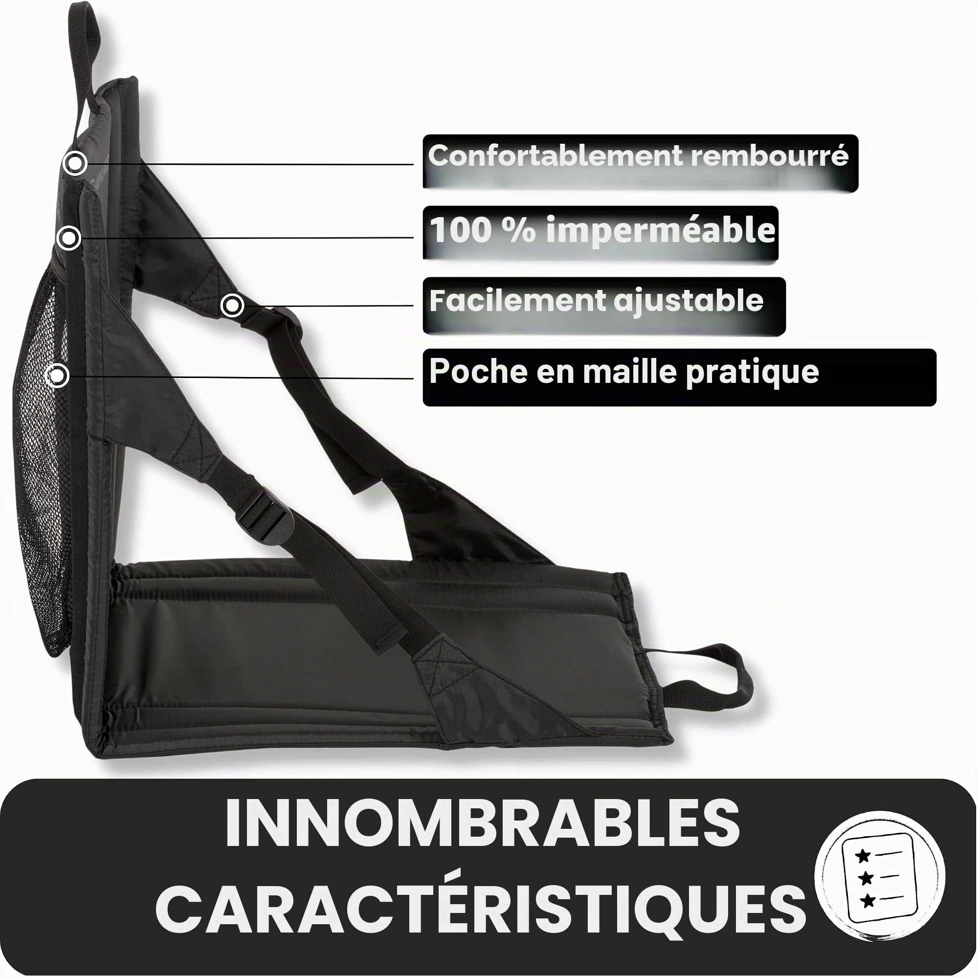 Highlander Tapis de siège Pliable pour l'extérieur - Siège de Stade léger et rembourré Portable, idéal pour Les promenades, Les Pique-niques, Le Camping, la randonnée ou Les Festivals (Noir)