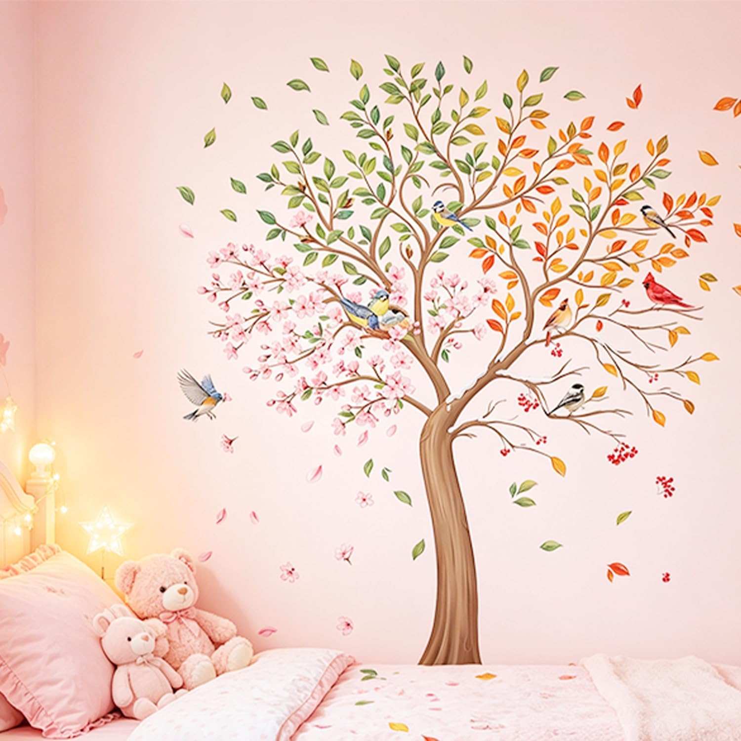 Large Tree Wall Decals, 4 Seasons Birds & Flowers Wall Stickers, Removable Peel and Stick Vinyl Wall Art for Living Room Bedroom Nursery Home Decor
