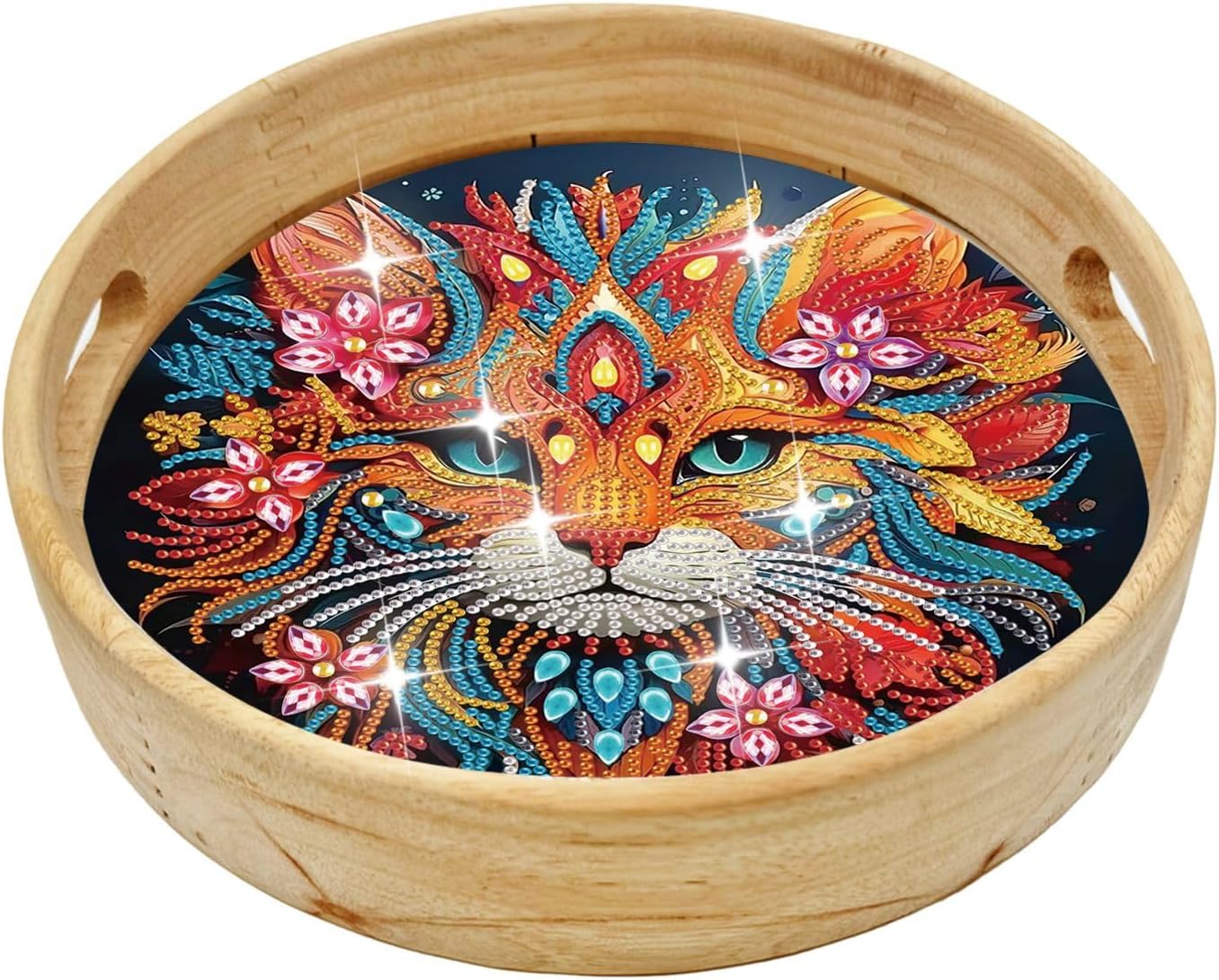 DoxQcs DIY Cat Diamond Art Tray Kit, 10in Round Wooden Tray with Handle, Modern Diamond Painting Art Set for Kids & Adults
