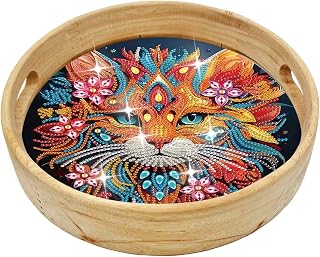 Generic DIY Diamond Serving Tray Round Breakfast Tray with Handles Handmade Diamond Art Painting Wooden Tray Dinner Plate for Coffee Living Room Home Organizer Diameter 21.5cm-Cat-Small