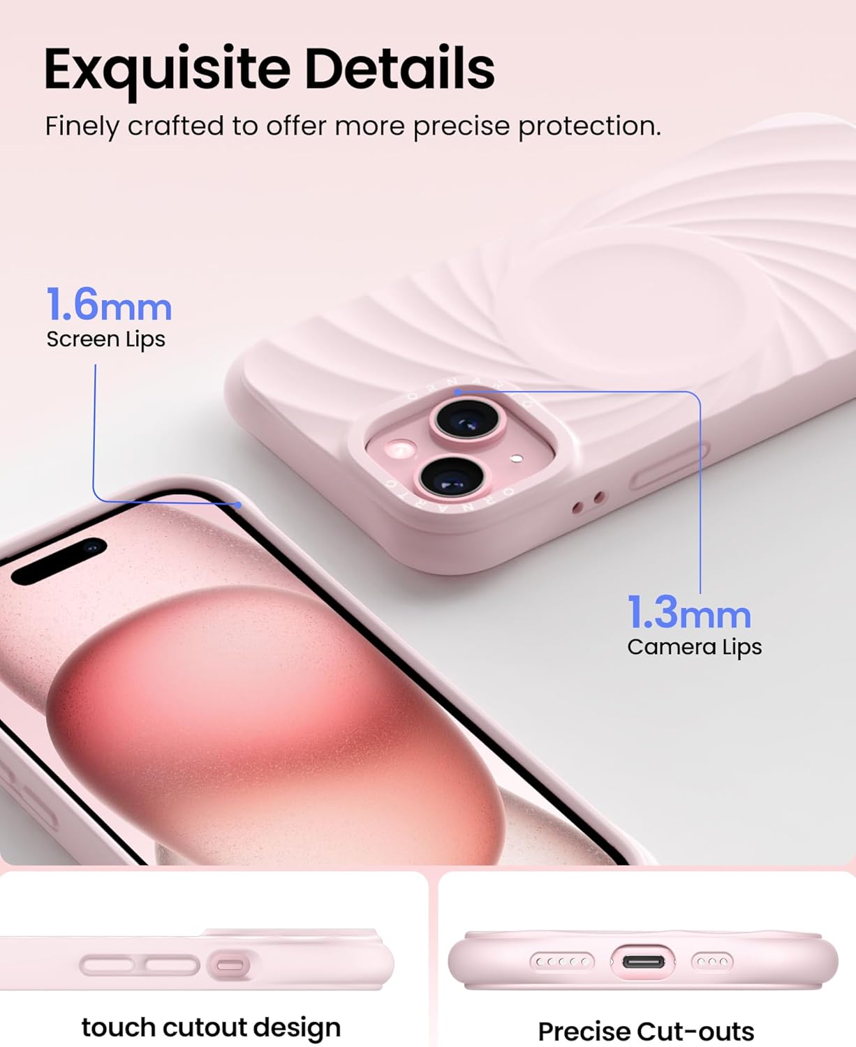 ORNARTO Vortuxe for iPhone 15 Case 6.1" | 2X MIL-STD Drop Protection | Compatible with MagSafe | Sleek Aesthetic Liquid Silicone Phone Cover - Pink Quartz