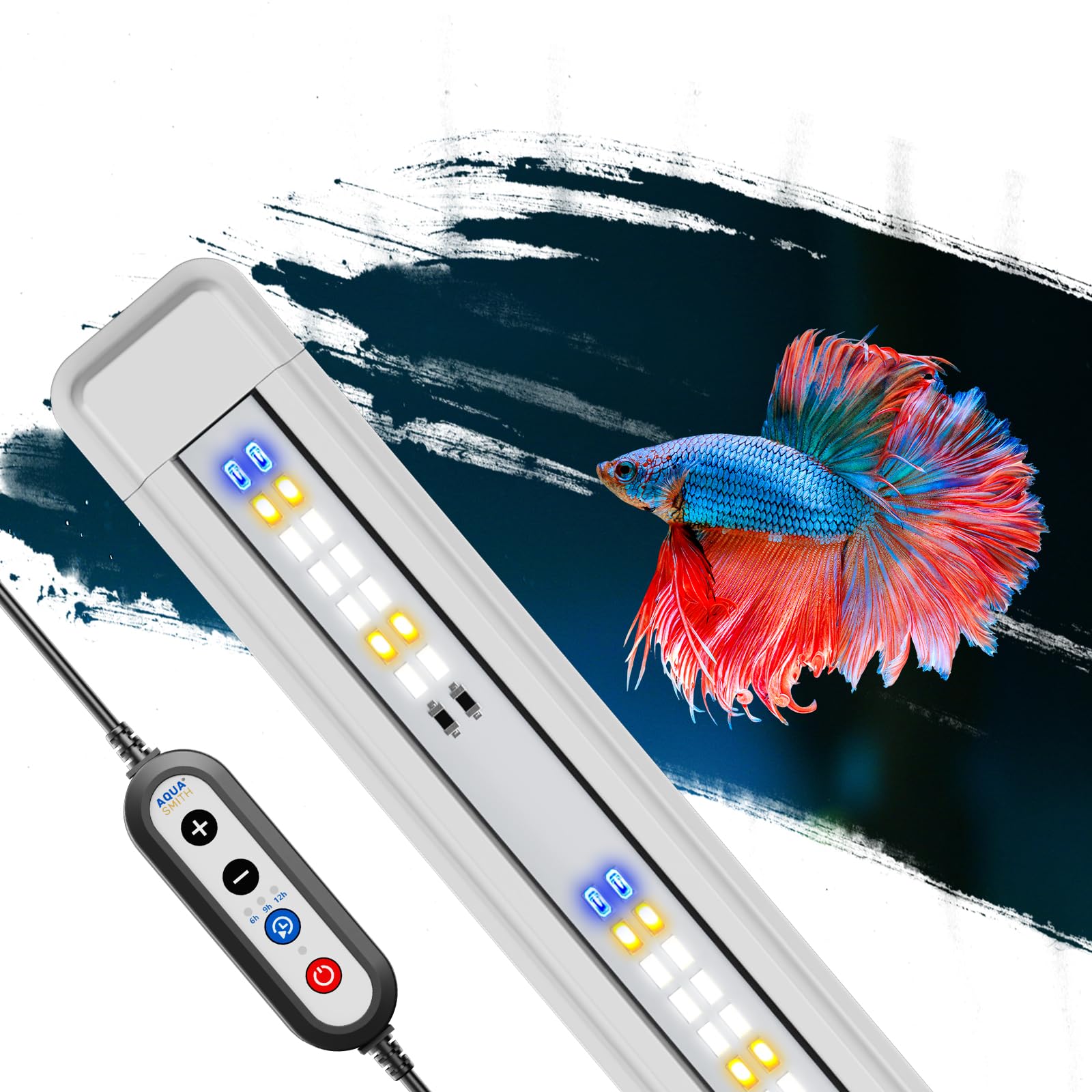 AQUASMITH Aquarium-Licht, kein rotes Wasser, spezifisches Vollspektrum-Licht, kommt mit zwei Halterungen, Timing-Funktion, Speicherfunktion, einstellbare Helligkeit, IP68 (25,4 cm)