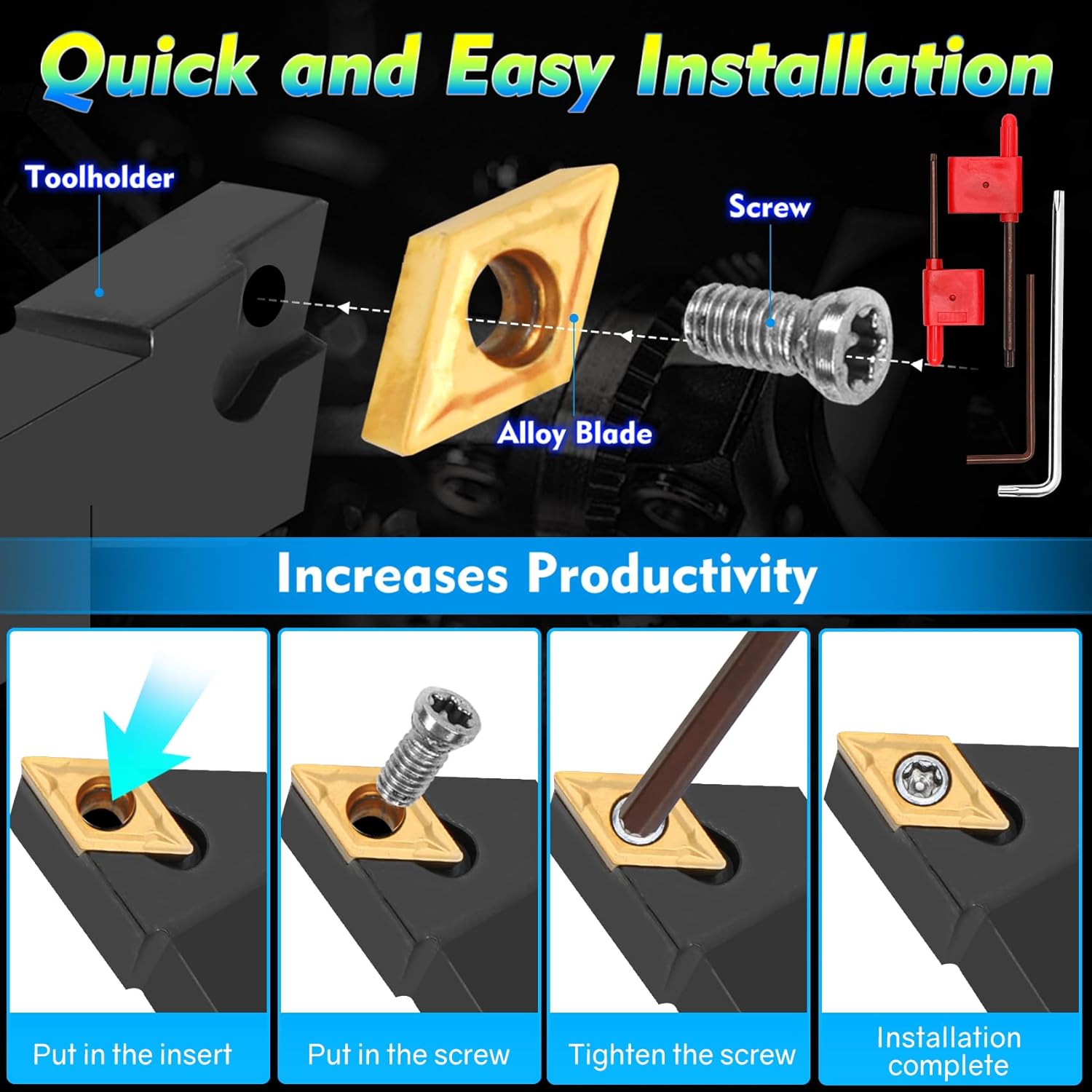 Indexable Lathe Turning Tool 21Pcs Kit 1/4'' 6mm Shank 7Pcs Metal Lathe Tools Holder Set with 14Pcs Turning Inserts for Turning Grooving Threading Boring Carbide Inserts Carbide Turning Tool