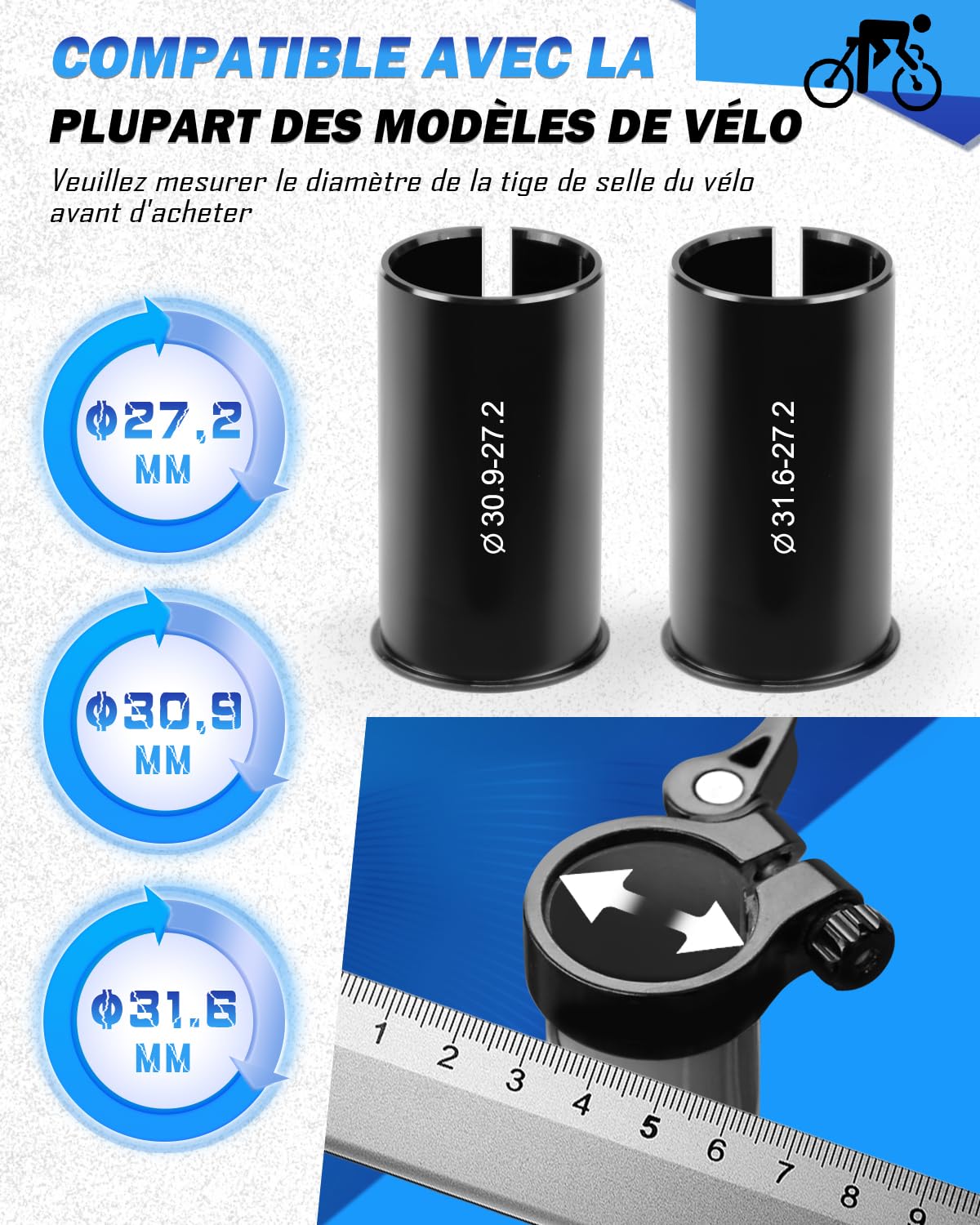 MAIKEHIGH Tige de Selle pour Vélo Suspendue, Aluminium Tube de Selle Amortisseur Ø27,2/30,9/31,6mm avec 2 Manchons Réducteurs 2 Ressorts pour VTT Vélos de Ville Vélo de Route
