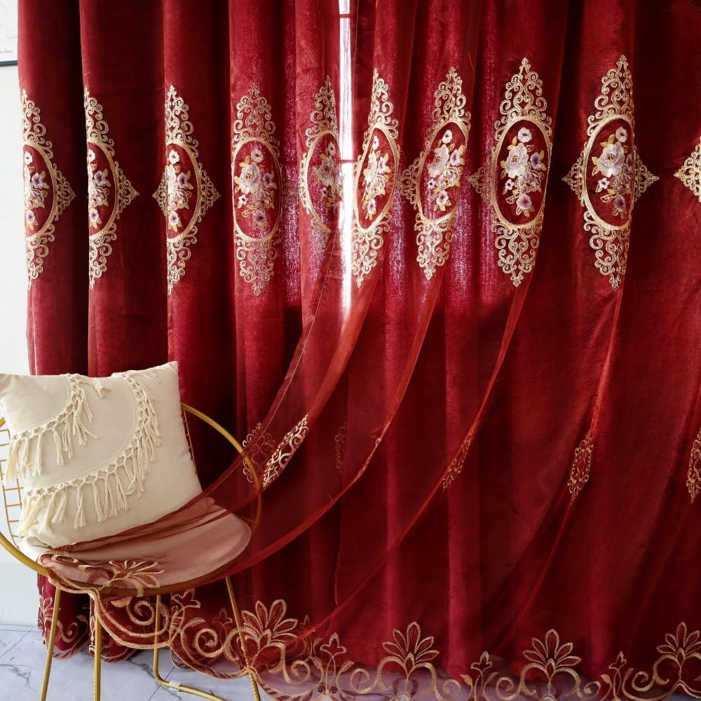 Amidoudou European Luxury Double Layered Curtains Embroidered Semi-Blackout Curtains for Living Room Bedroom Balcony (Wine Red,51" W x 95" L (Pack of 2))