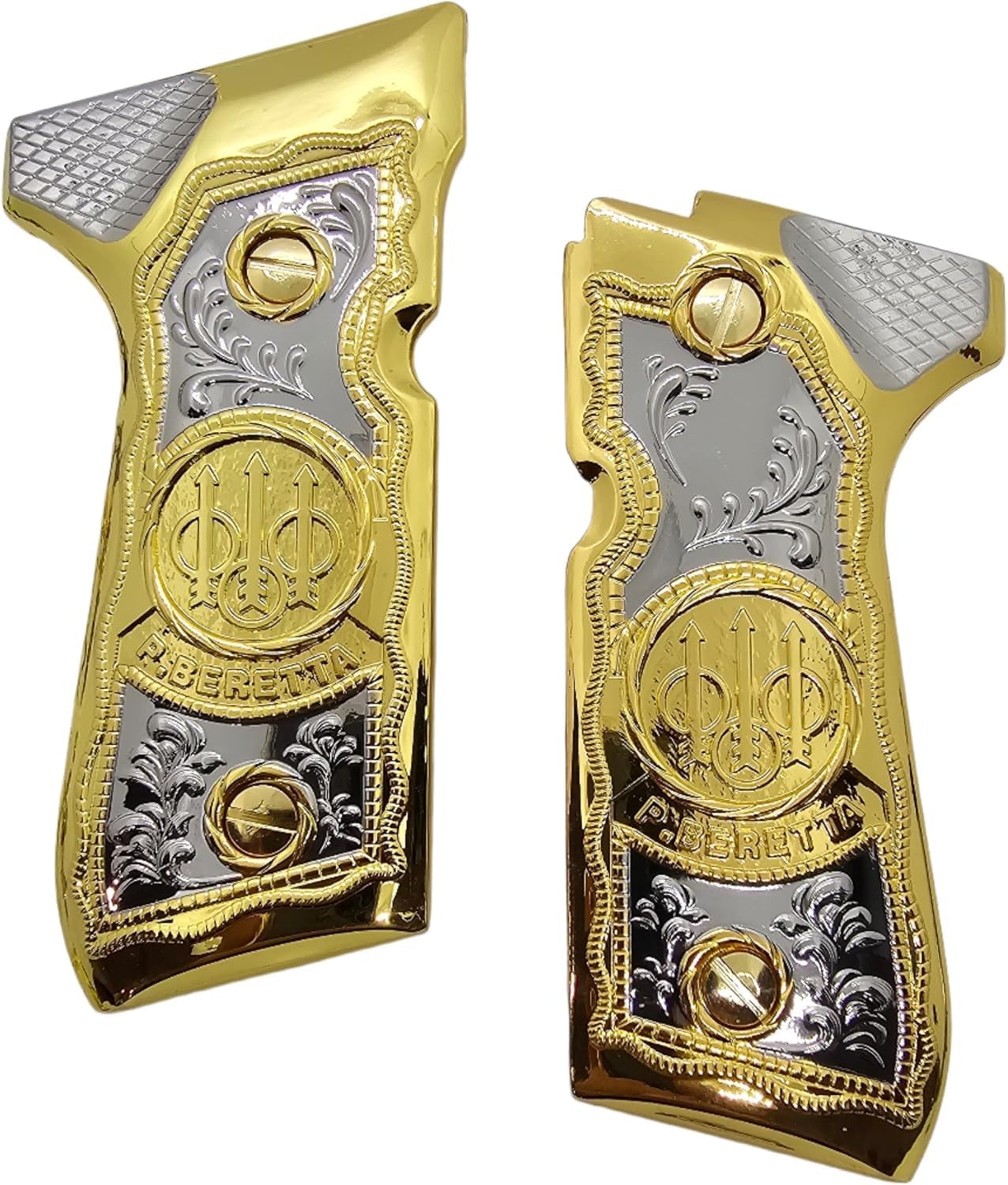 Combo Metal Grip Set with 2 Magazine Floor Plates, Compatible with Beretta 92F, 92FS, M9 & 96 Series, Nickel and Gold Two-Tone Plated Finish Decorative Replacement Accessory