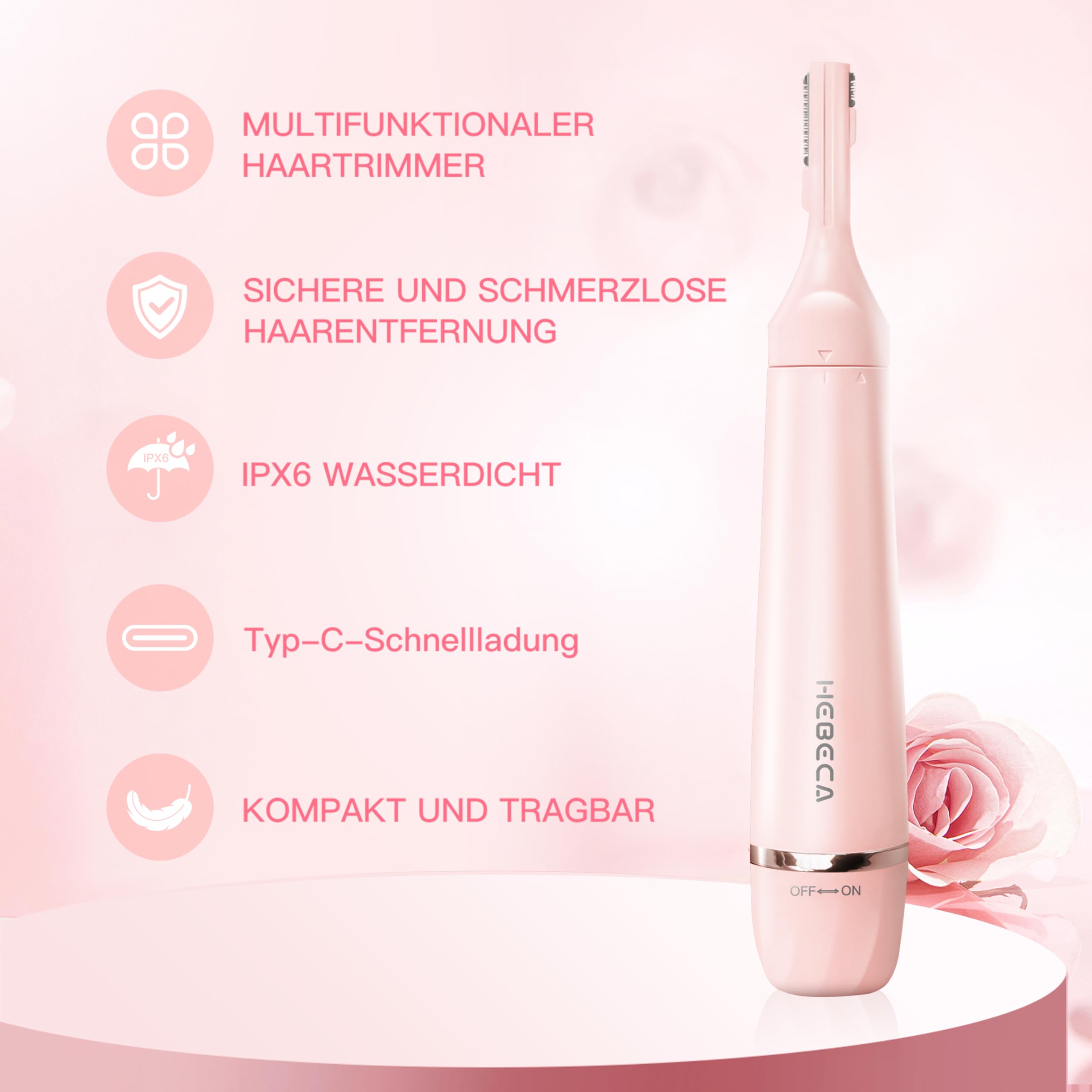 HEBECA Nasenhaartrimmer für Frauen 3-in-1 Elektrische Gesichtsharentfernung Wiederaufladbare Augenbrauenrasierer Elektrisch Portble Wasserdichte Gesichtsrasierer Rasierer (Rosa)