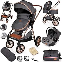 Baby Buggy Pram Pushchair Stroller 3 in 1 Child Lightweight Folding Stroller 3 in 1 Travel System Pram for Newborns & Toddlers from Birth (Grey Gold)
