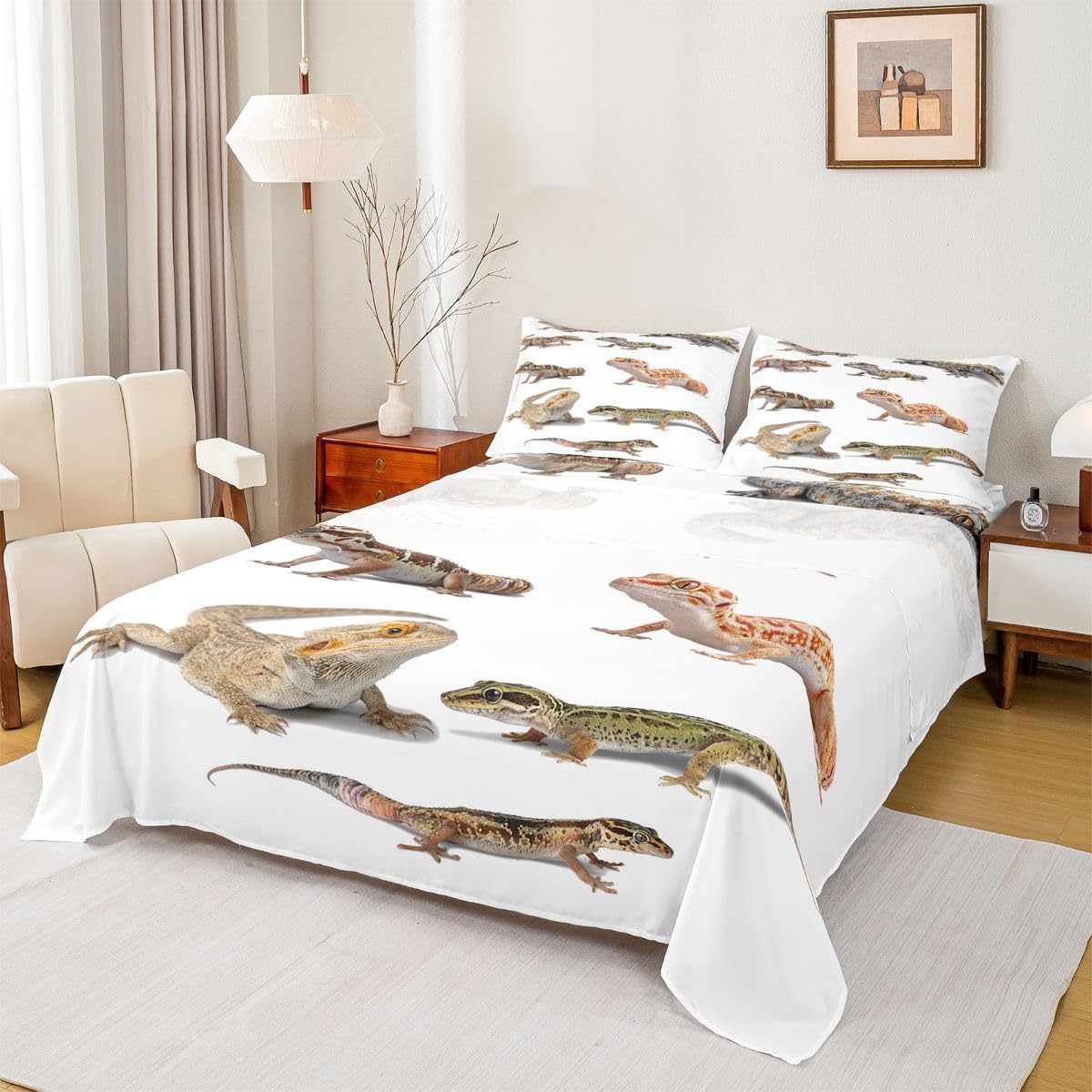 Feelyou Reptile Bed Sheets Leopard Gecko Sheet Set for Kids Boys Girls Primitive Wildlife Animals Lizard Bed Set Beige White Green Decor Sheets Room 4Pcs Queen Size