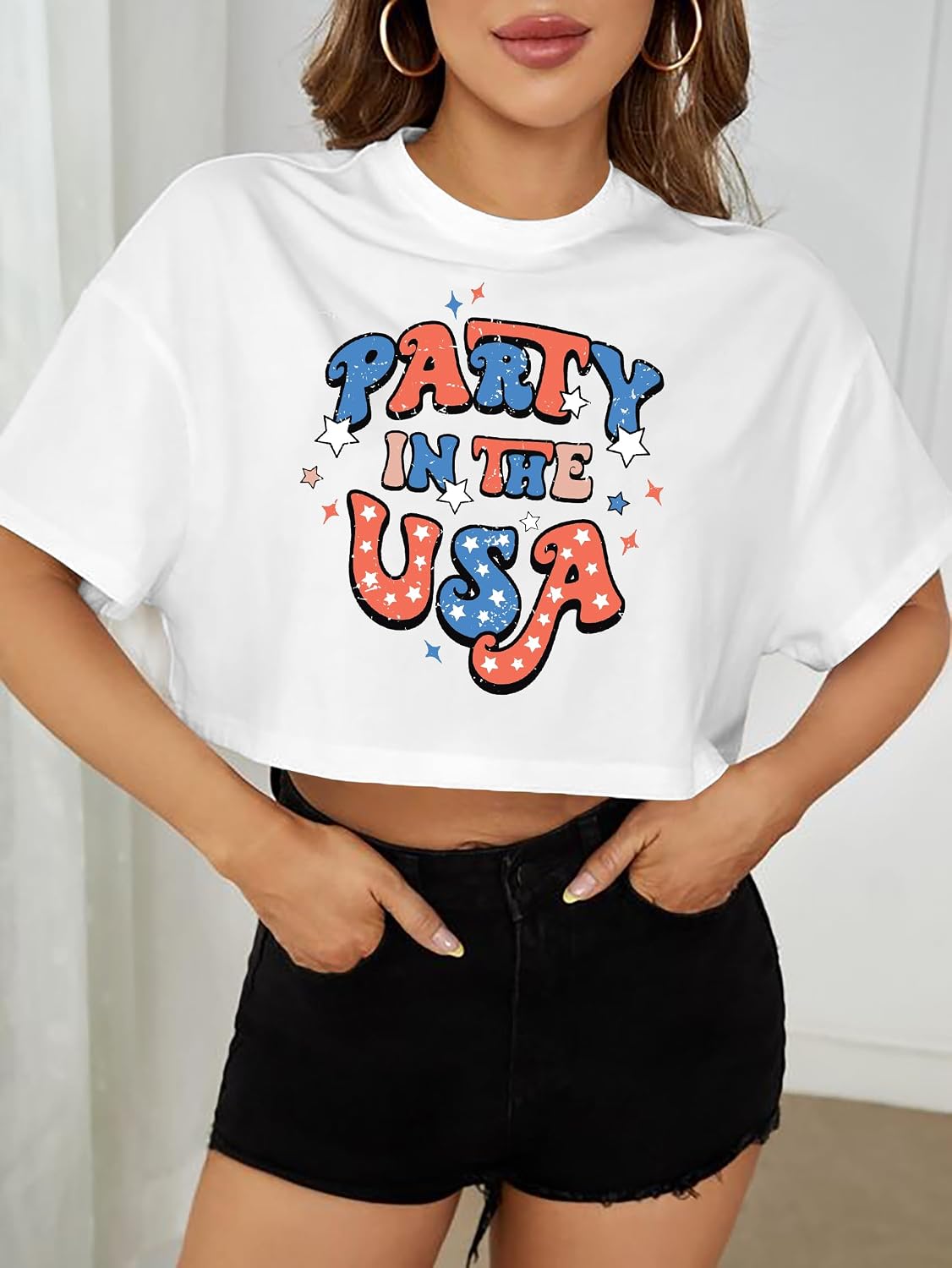 hohololo USA Crop Tops Women 4th of July Shirts Patriotic Shirt American Flag Tee Memorial Day Tshirt Girls Crop Tops thumbnail