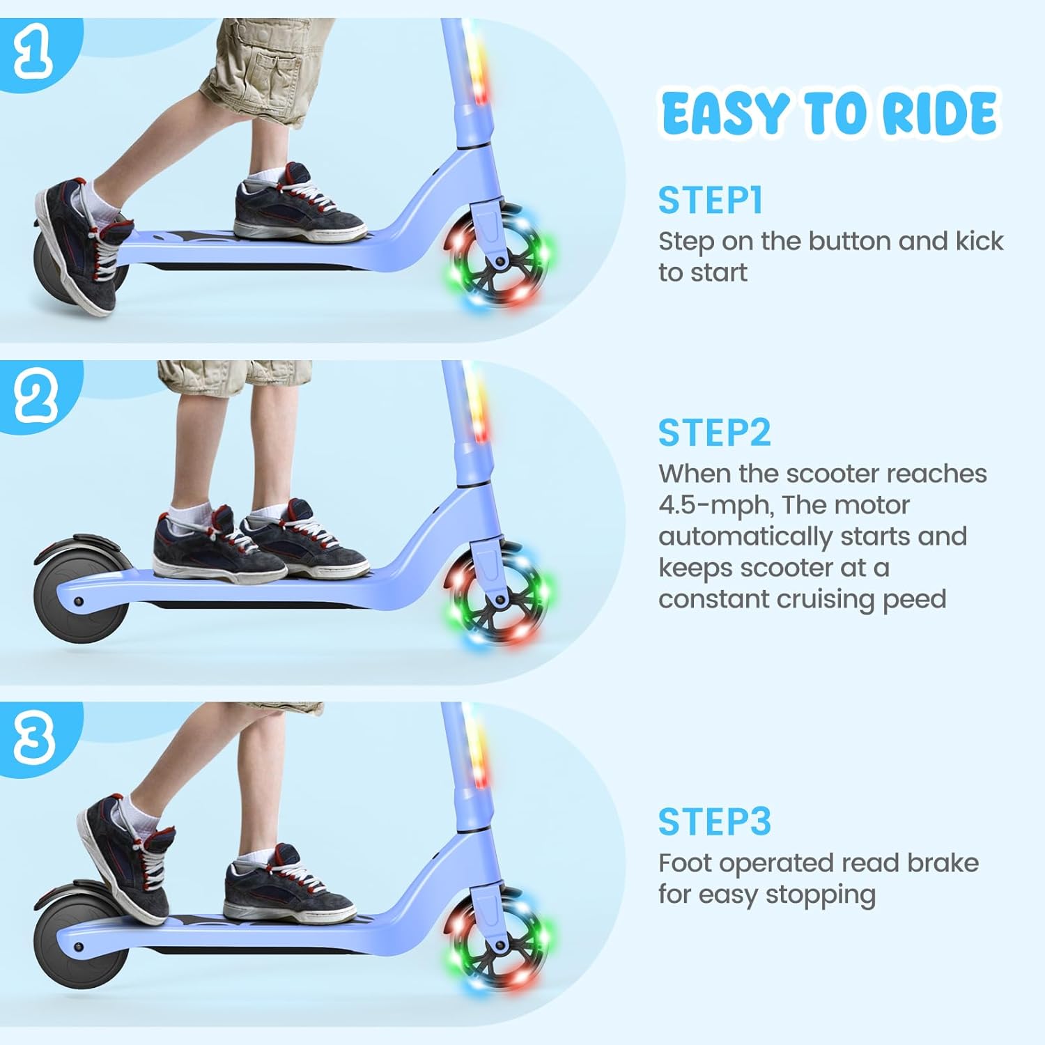 SISIGAD Electric Scooter for Kids Ages 6-12, LED Light-Up Deck, Kids Scooters with 3 Adjustment Levels Handlebar to 36 Inches High,5.3" Wheel UL Certificated Kick Scooter, (Blue)