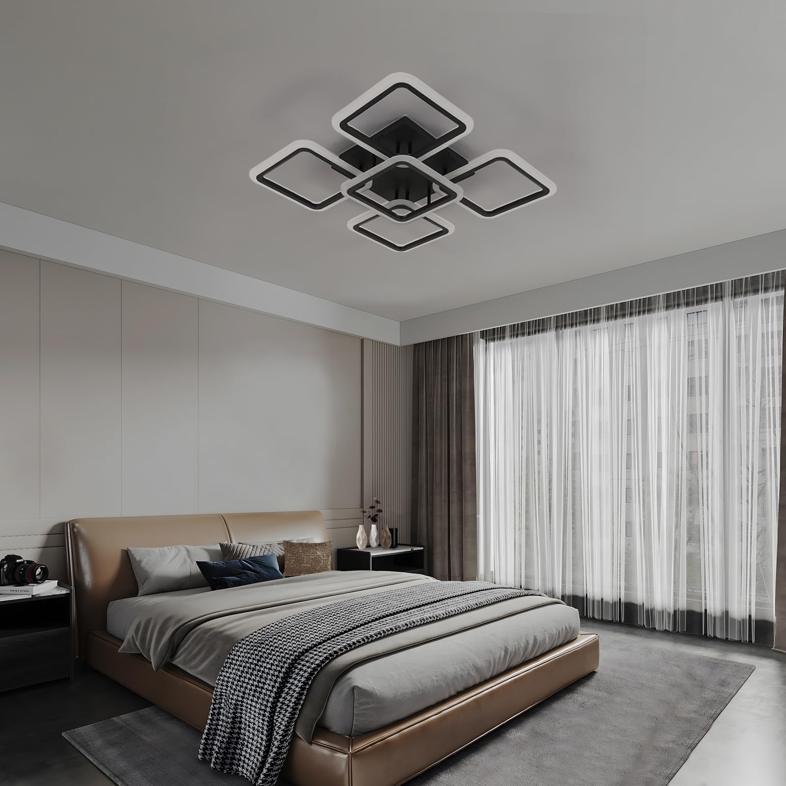 Comely Plafoniera LED Dimmerabile Nero 57W con Telecomando 3000K-6500K | Quadrato 6400LM Lampadario Soffitto Moderna per Soggiorno Camera da Letto Cucina