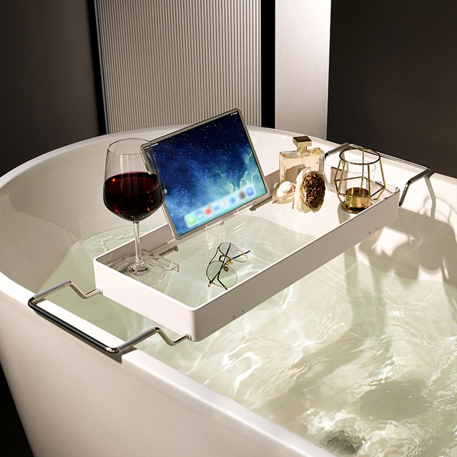 MYUYEE Luxury Expandable Bathtub Caddy Tray With Anti Slip Design For Her/Him White Metal Bath Shelf For Relaxing Bathtime (White)