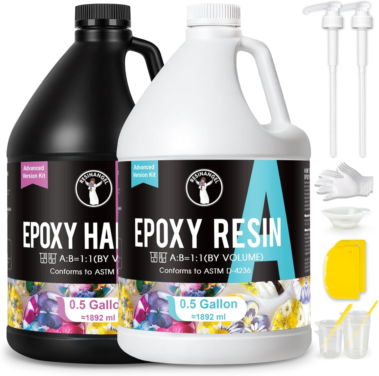 ResinAngel 1 Gallon Epoxy Resin Kit with Pump,1:1 Mixing Crystal Clear,Self-Leveling,Non-Yellowing for River Tables,Countertop,Woodworking,Flower Preservation