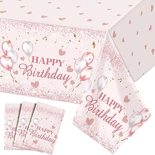 3 Pieces Pink and Rose Gold Party Decorations Happy Birthday Tablecloths Birthday Party Table Cloths Plastic Disposable Table Cover for Girl Women Sweet 16 Birthday Party Supplies, 54 x 108 Inches